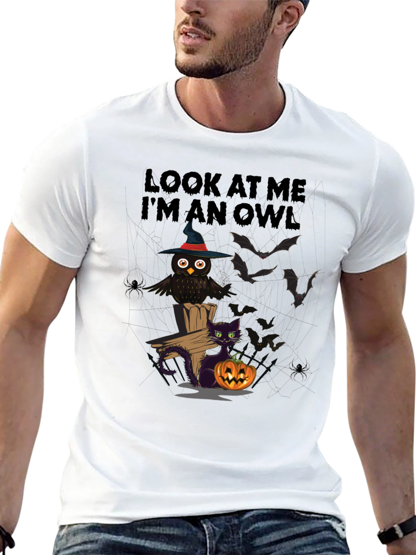 Halloween Owl & Cat T-Shirt - Look At Me Im An Owl