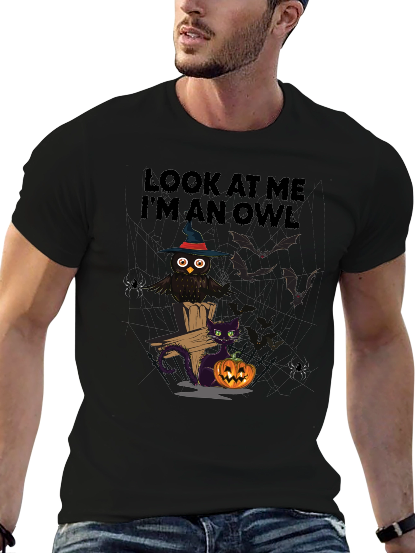 Halloween Owl & Cat T-Shirt - Look At Me Im An Owl