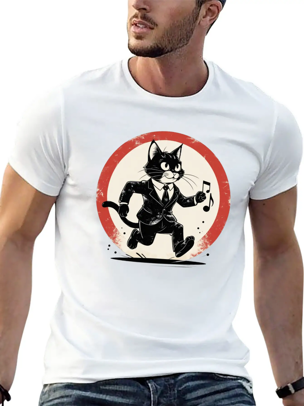Whimsical Black & White Cat Conductor Unisex Casual T-Shirt – Clean Design For Daily Comfort