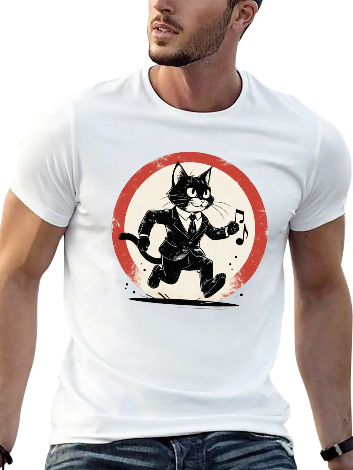 Whimsical Black & White Cat Conductor Unisex Casual T-Shirt – Clean Design For Daily Comfort