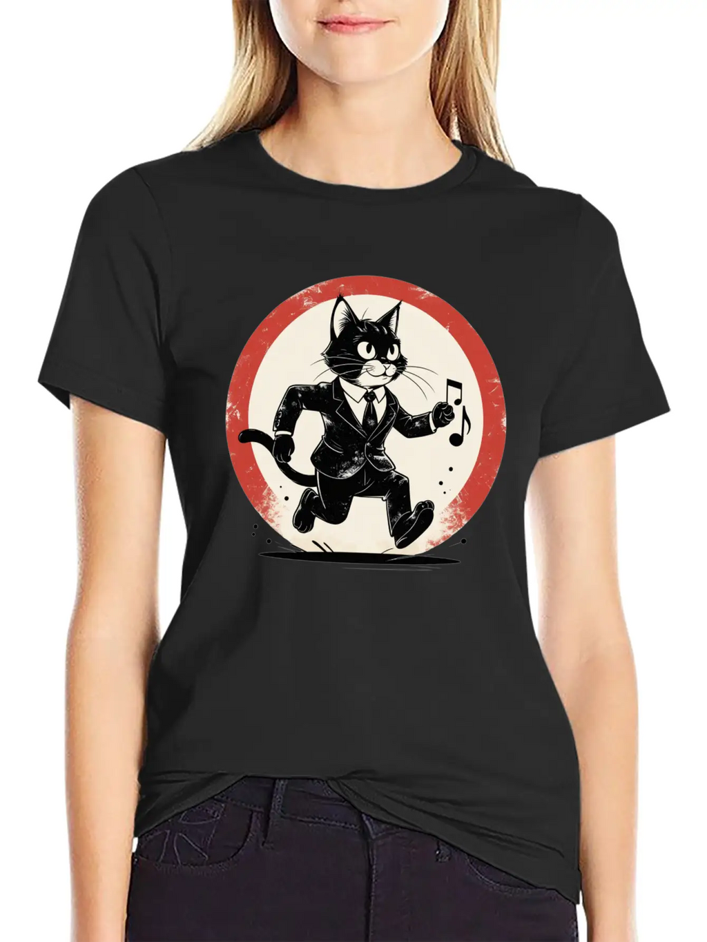 Whimsical Black & White Cat Conductor Unisex Casual T-Shirt – Clean Design For Daily Comfort