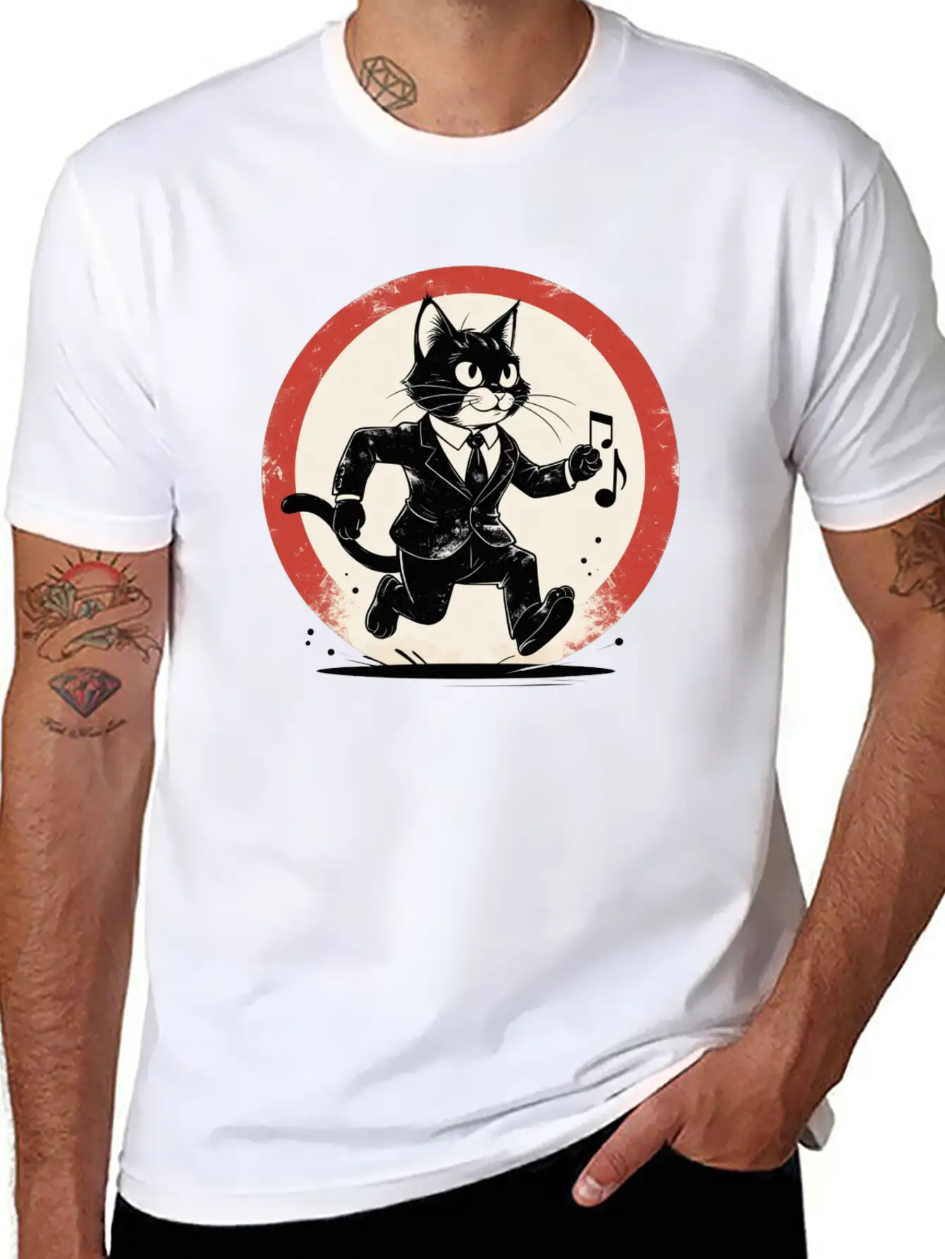 Whimsical Black & White Cat Conductor Unisex Casual T-Shirt – Clean Design For Daily Comfort