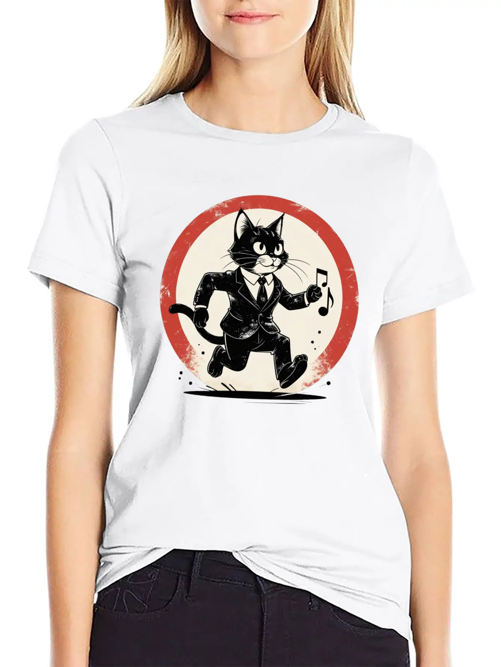 Whimsical Black & White Cat Conductor Unisex Casual T-Shirt – Clean Design For Daily Comfort
