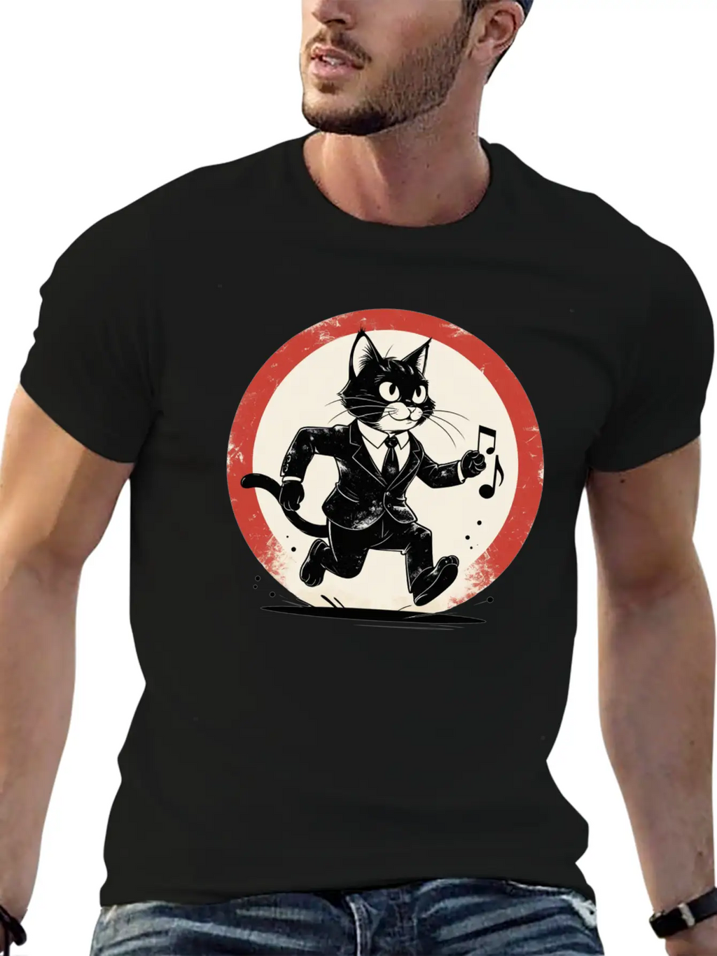 Whimsical Black & White Cat Conductor Unisex Casual T-Shirt – Clean Design For Daily Comfort