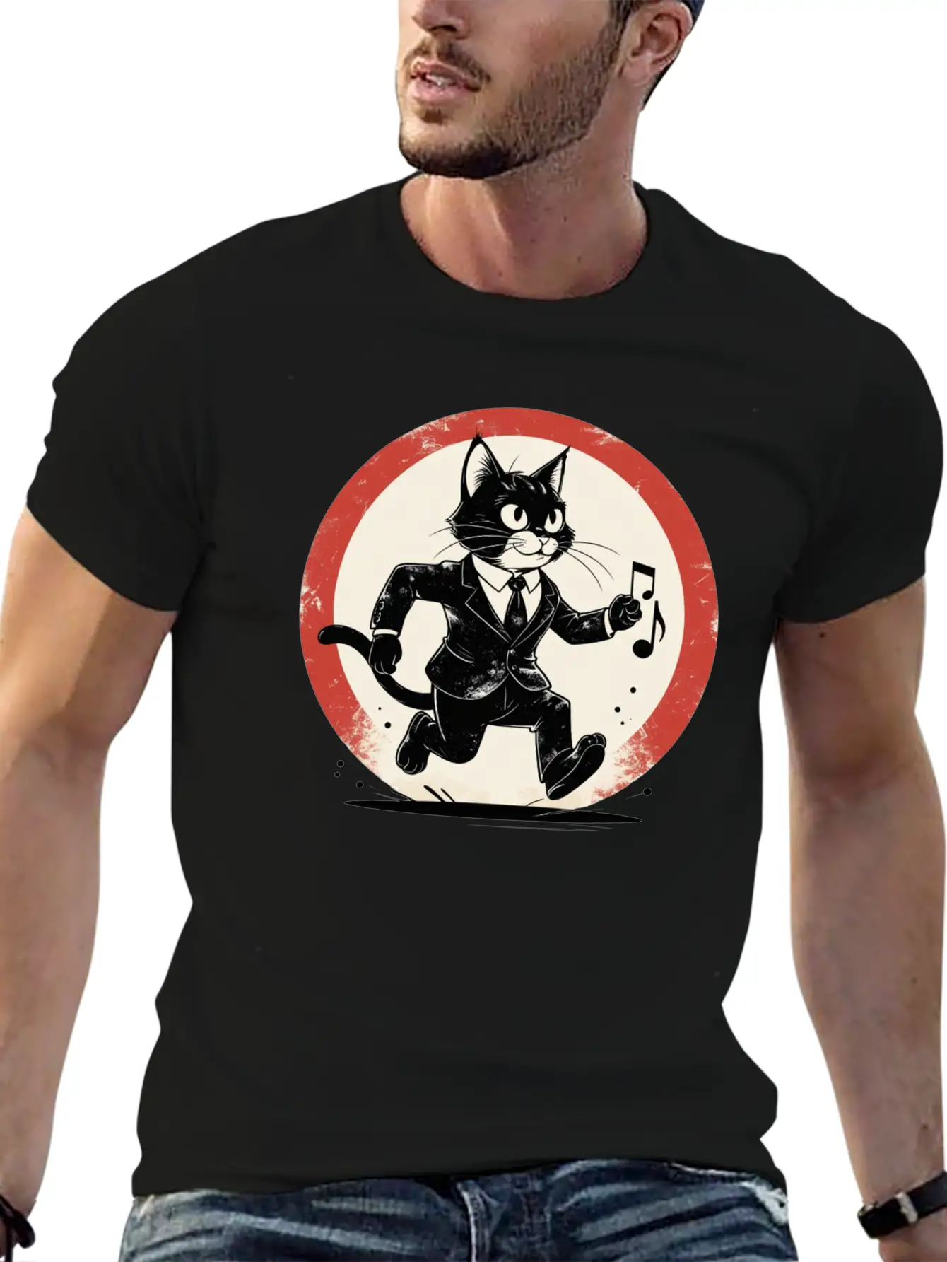 Whimsical Black & White Cat Conductor Unisex Casual T-Shirt – Clean Design For Daily Comfort
