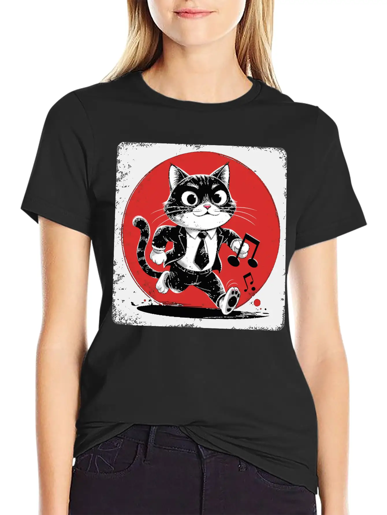 Whimsical Black White Cat Conductor Vintage S Breathable Soft Cotton T-Shirt – Timeless Casual Look