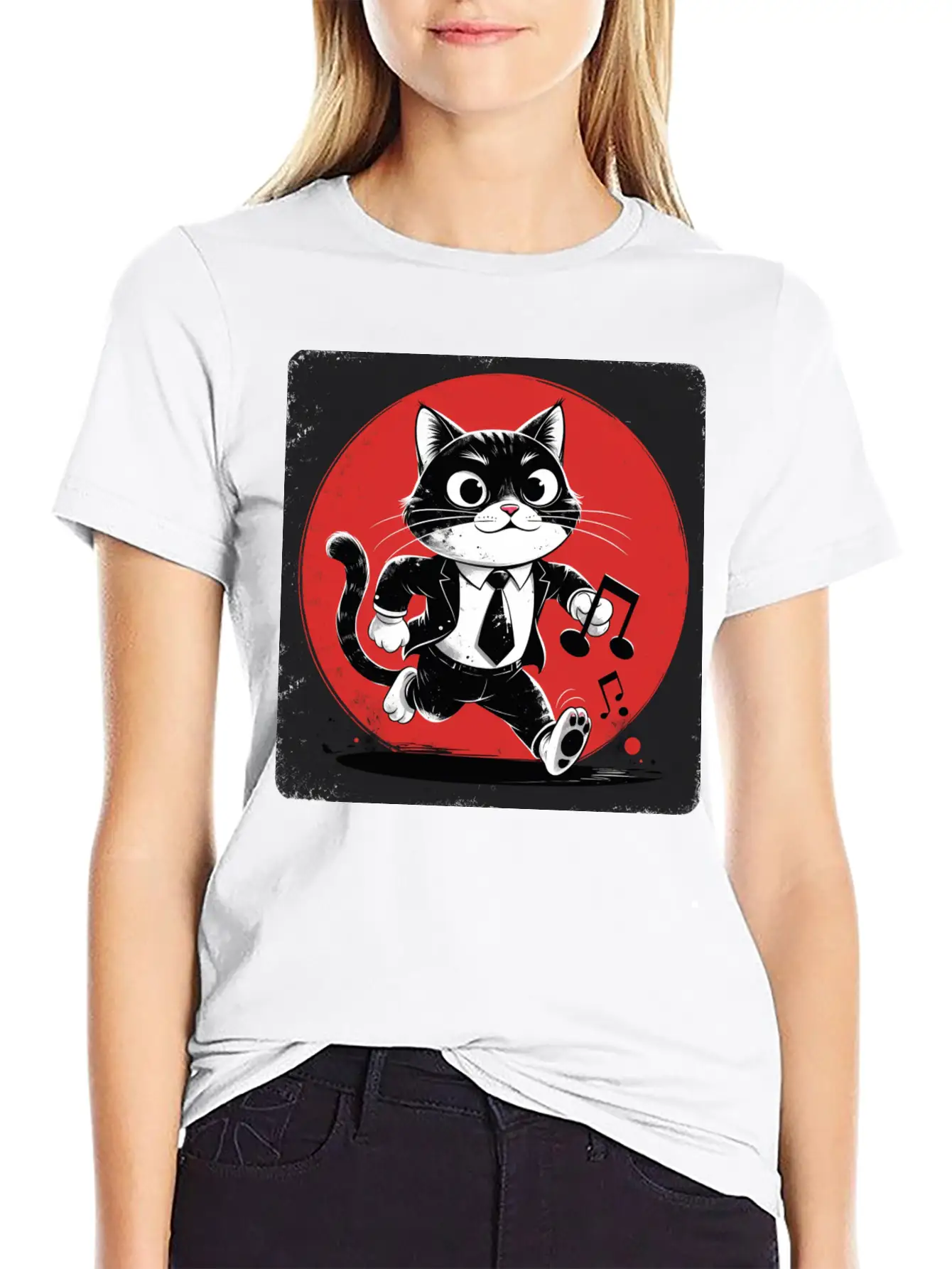 Whimsical Black White Cat Conductor Vintage S Breathable Soft Cotton T-Shirt – Timeless Casual Look