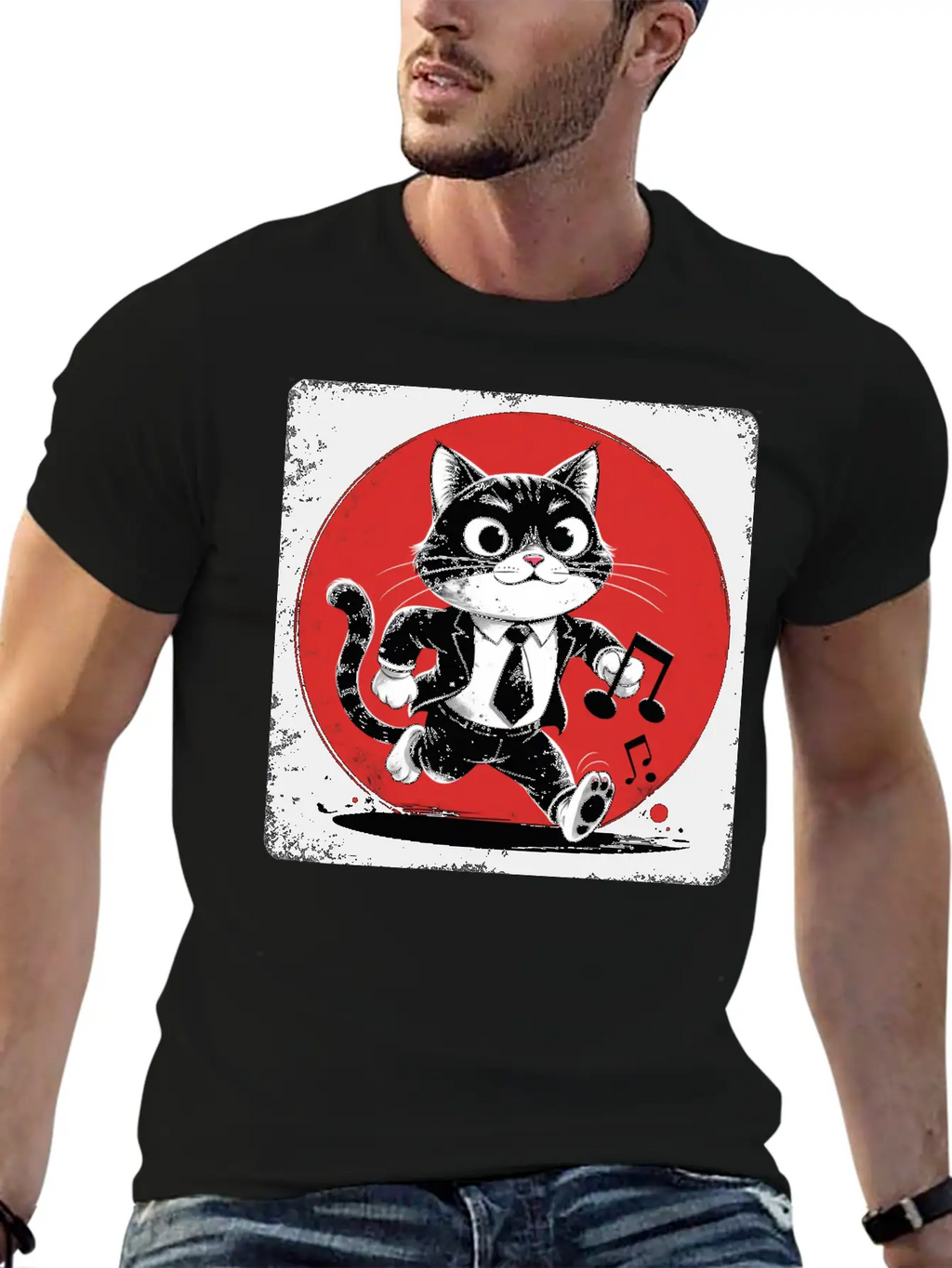 Whimsical Black White Cat Conductor Vintage S Breathable Soft Cotton T-Shirt – Timeless Casual Look