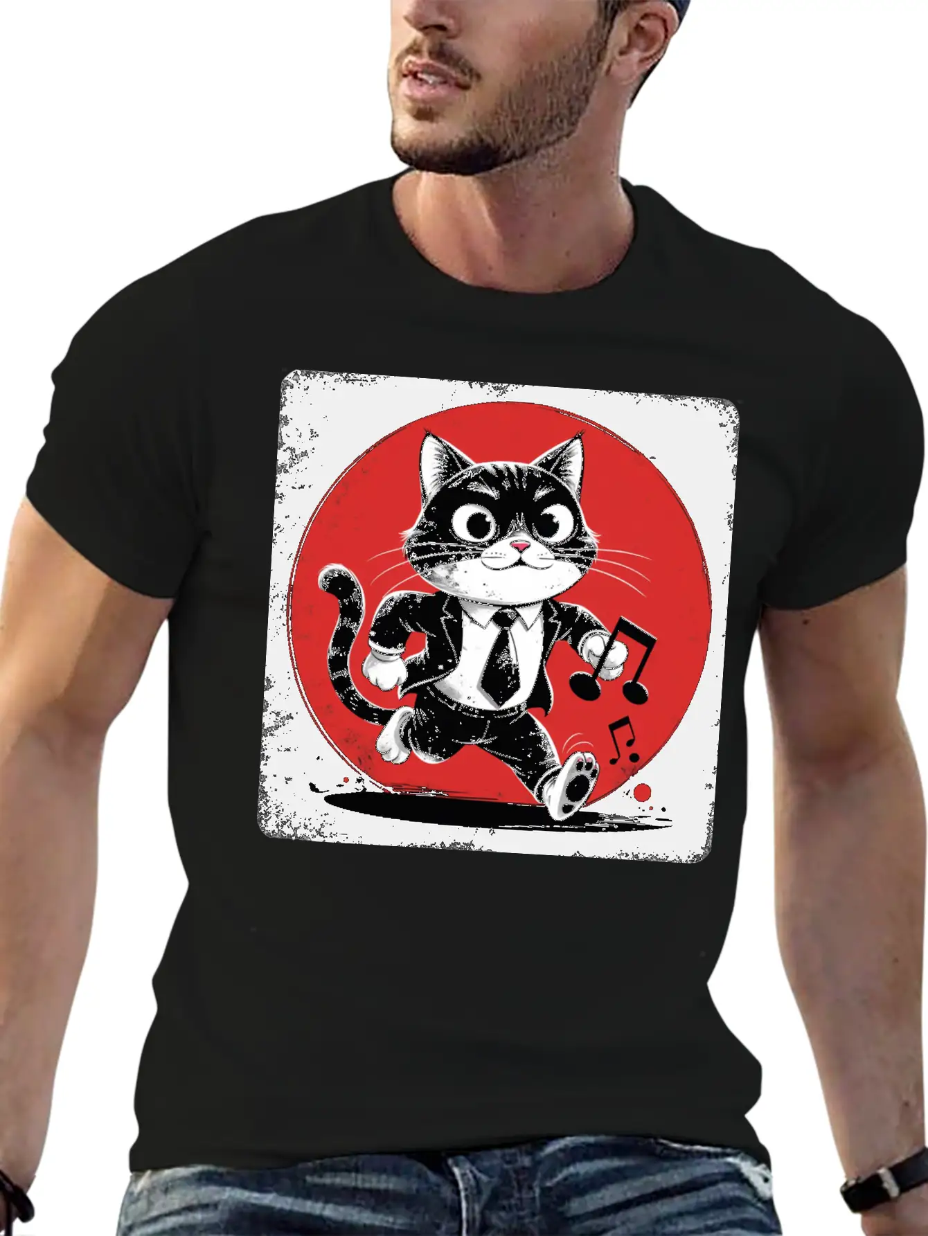 Whimsical Black White Cat Conductor Vintage S Breathable Soft Cotton T-Shirt – Timeless Casual Look