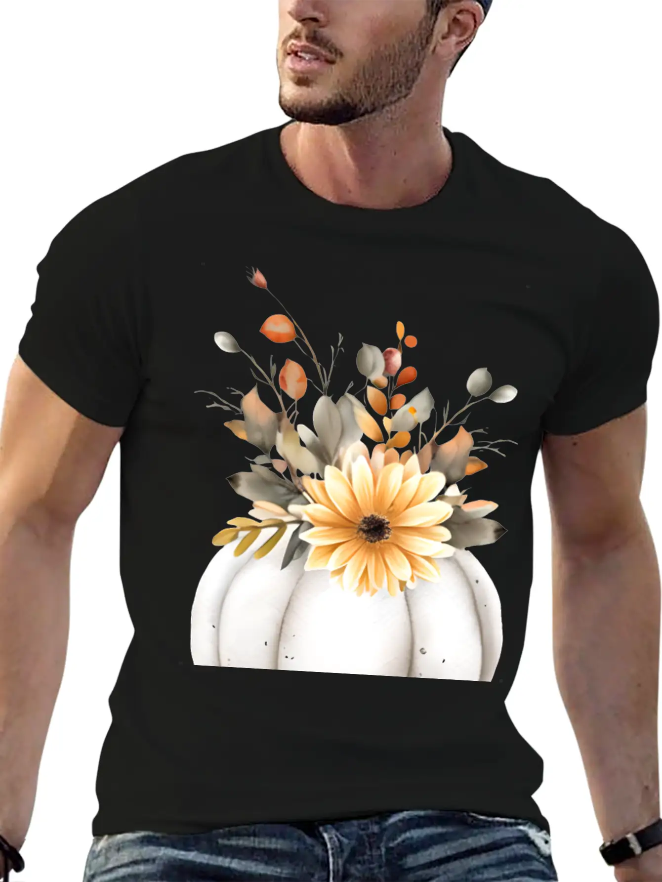 White Floral Pumpkin Relaxed Everyday Tee – Lightweight And Durable Cotton