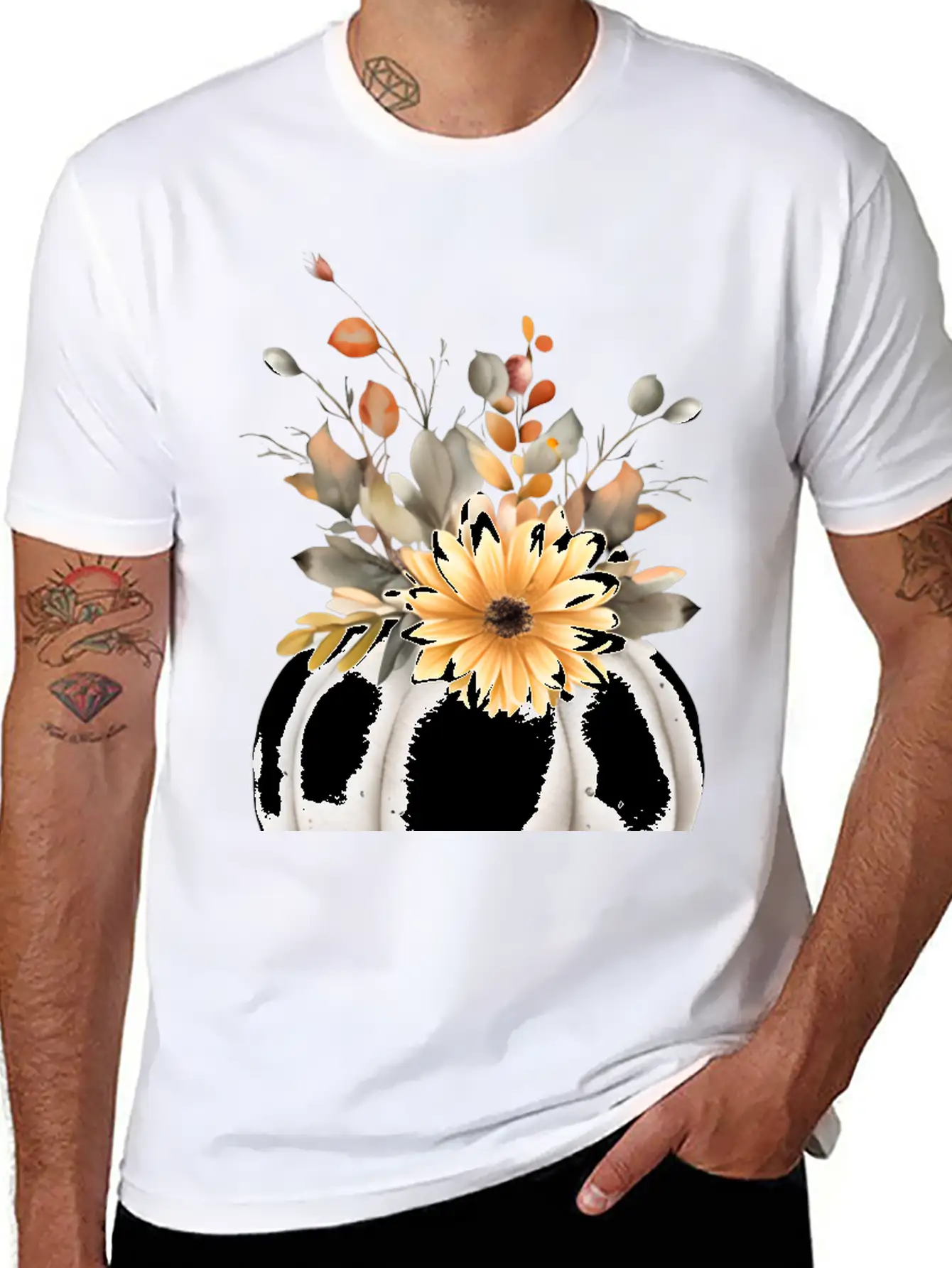 White Floral Pumpkin Relaxed Everyday Tee – Lightweight And Durable Cotton