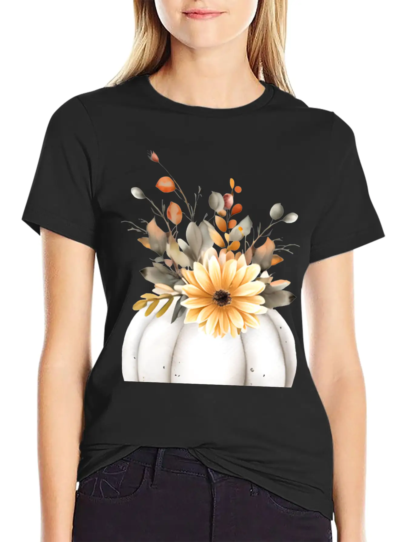 White Floral Pumpkin Relaxed Everyday Tee – Lightweight And Durable Cotton