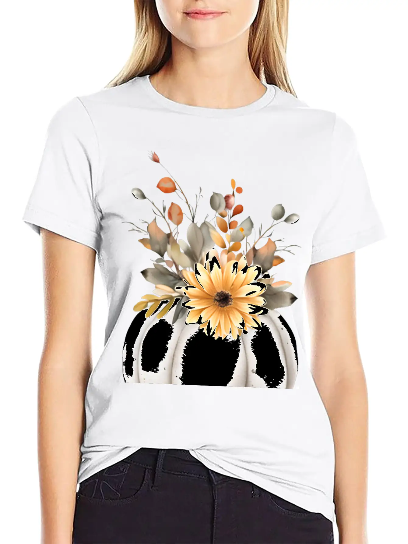 White Floral Pumpkin Relaxed Everyday Tee – Lightweight And Durable Cotton