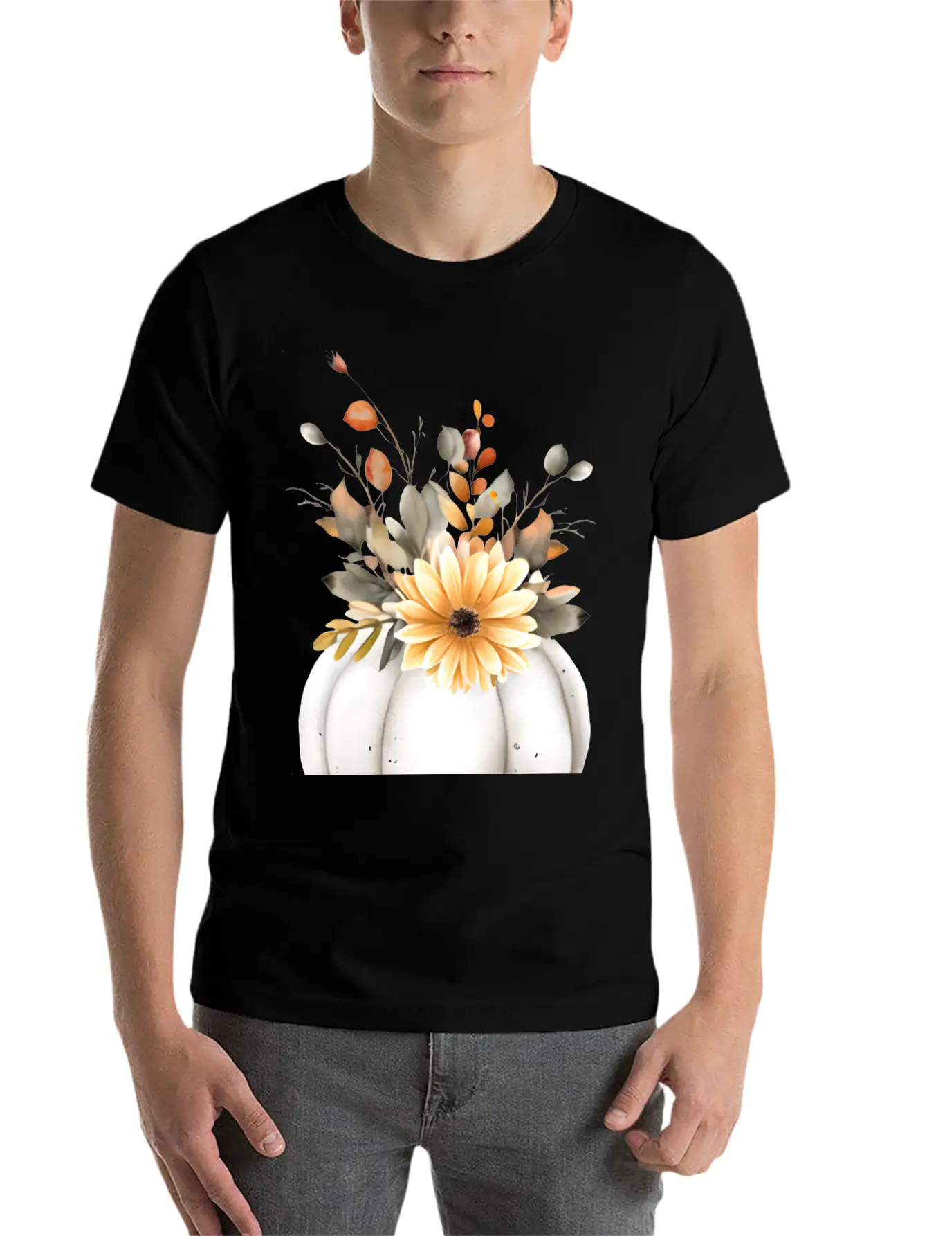 White Floral Pumpkin Relaxed Everyday Tee – Lightweight And Durable Cotton
