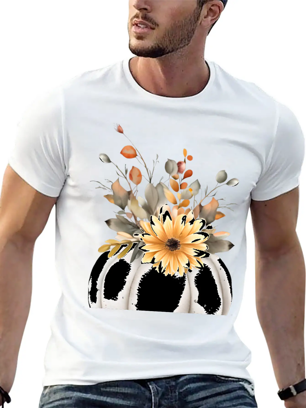 White Floral Pumpkin Relaxed Everyday Tee – Lightweight And Durable Cotton