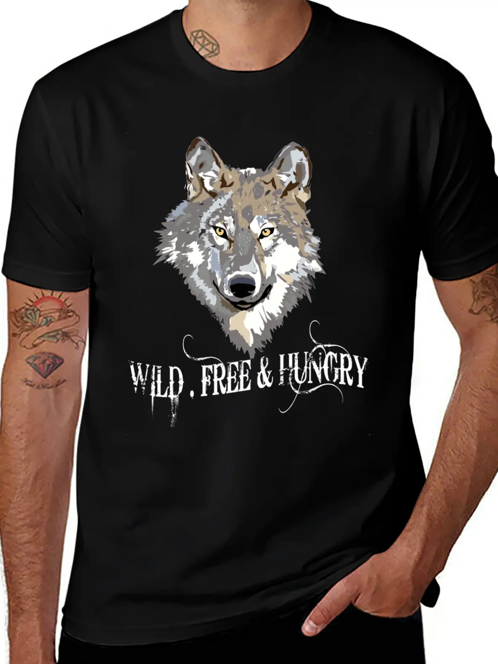 Wild And Free & Hungry - Wolf Black Stylish Everyday T-Shirt – Unisex Basic Cotton Tee
