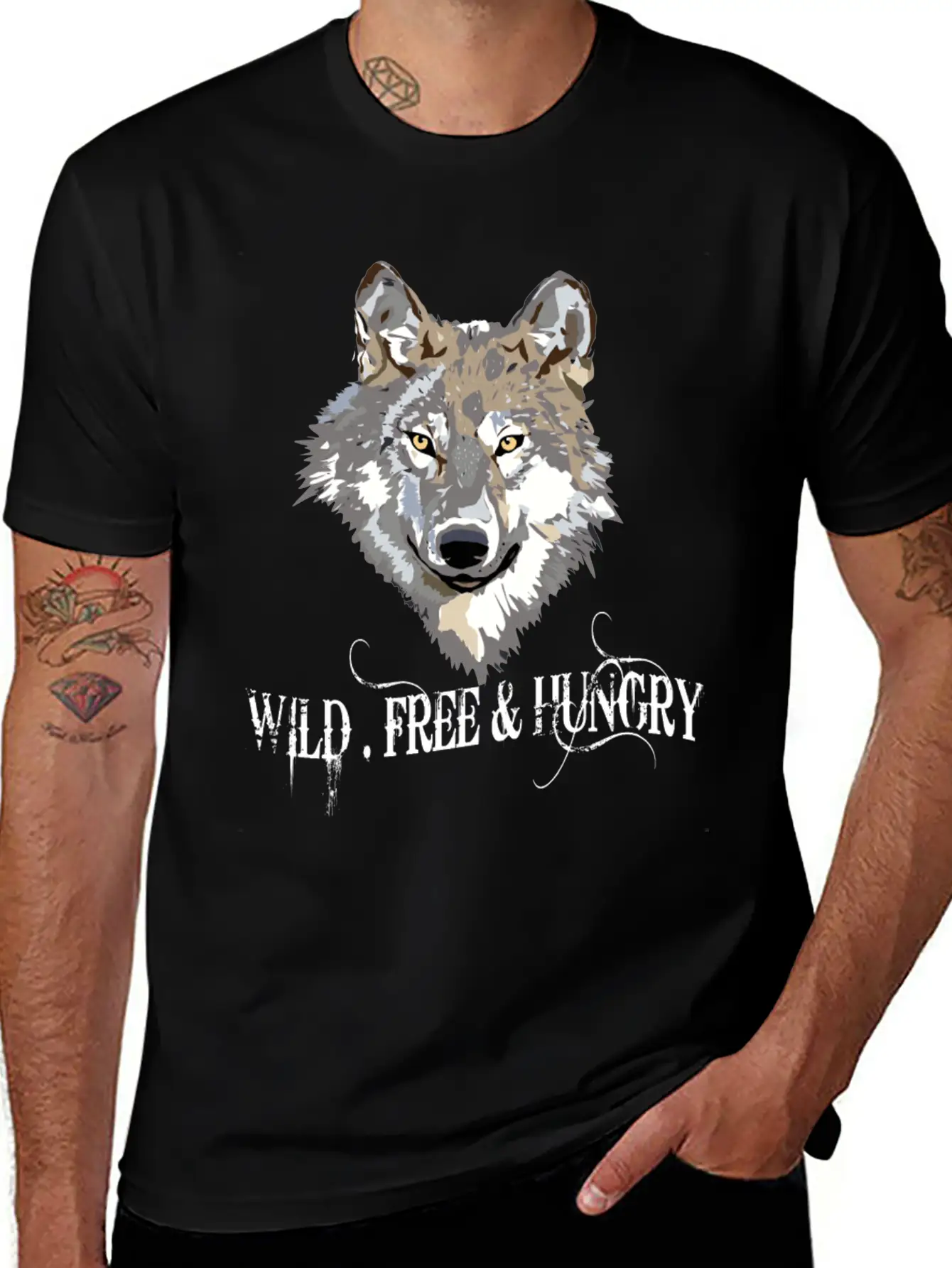 Wild And Free & Hungry - Wolf Black Stylish Everyday T-Shirt – Unisex Basic Cotton Tee
