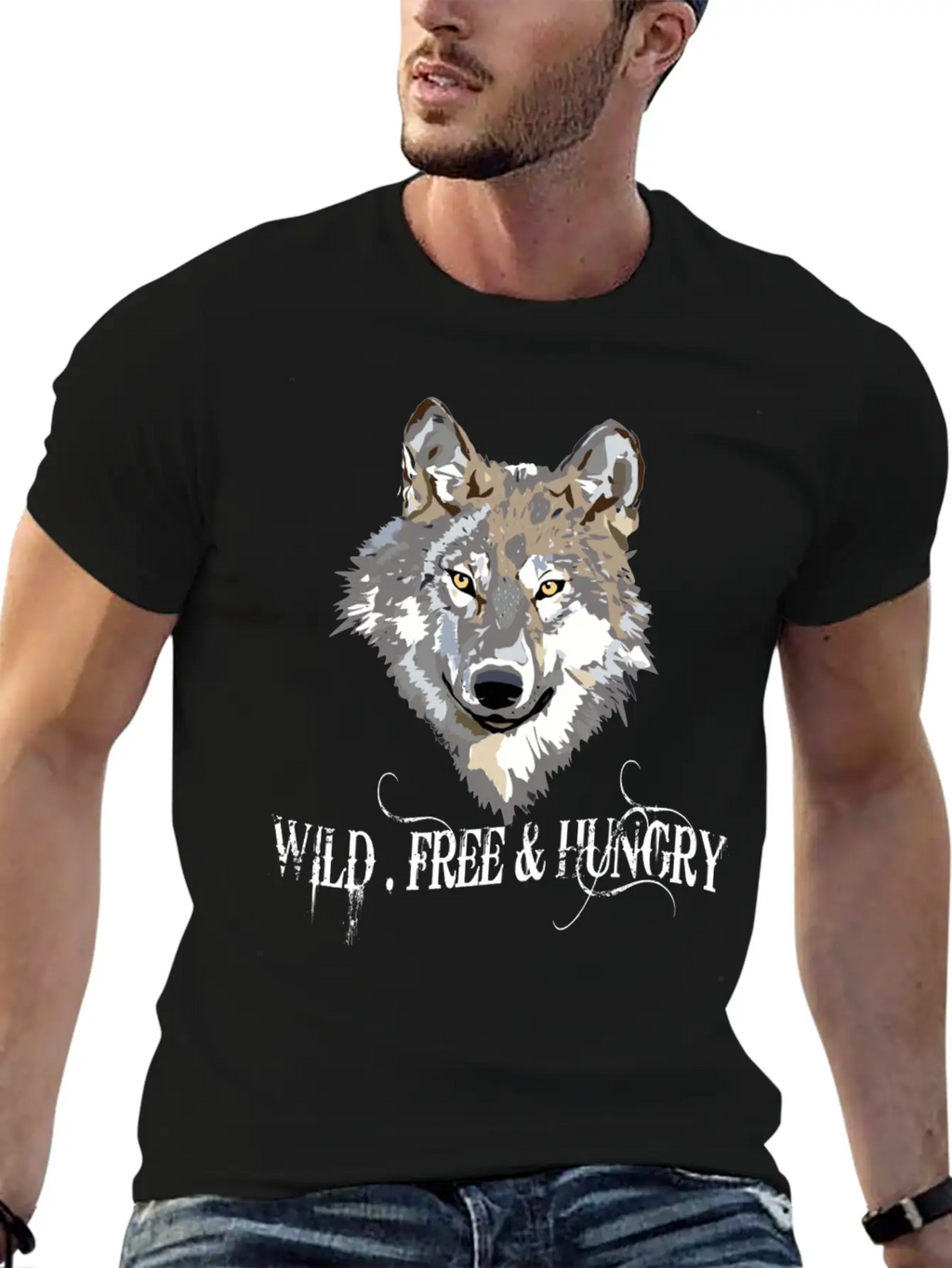 Wild And Free & Hungry - Wolf Black Stylish Everyday T-Shirt – Unisex Basic Cotton Tee