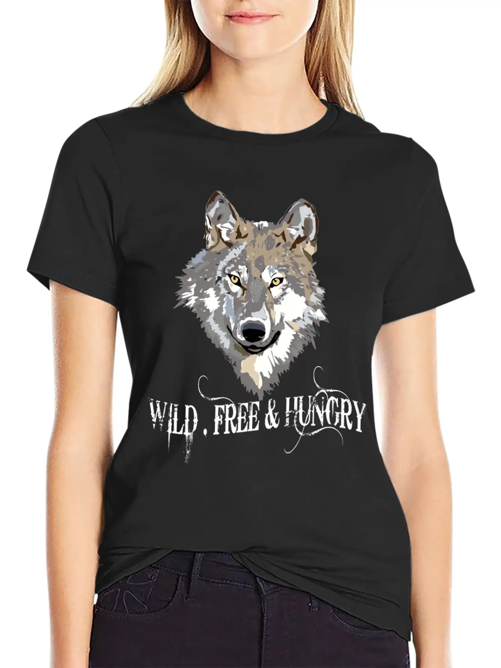 Wild And Free & Hungry - Wolf Black Stylish Everyday T-Shirt – Unisex Basic Cotton Tee