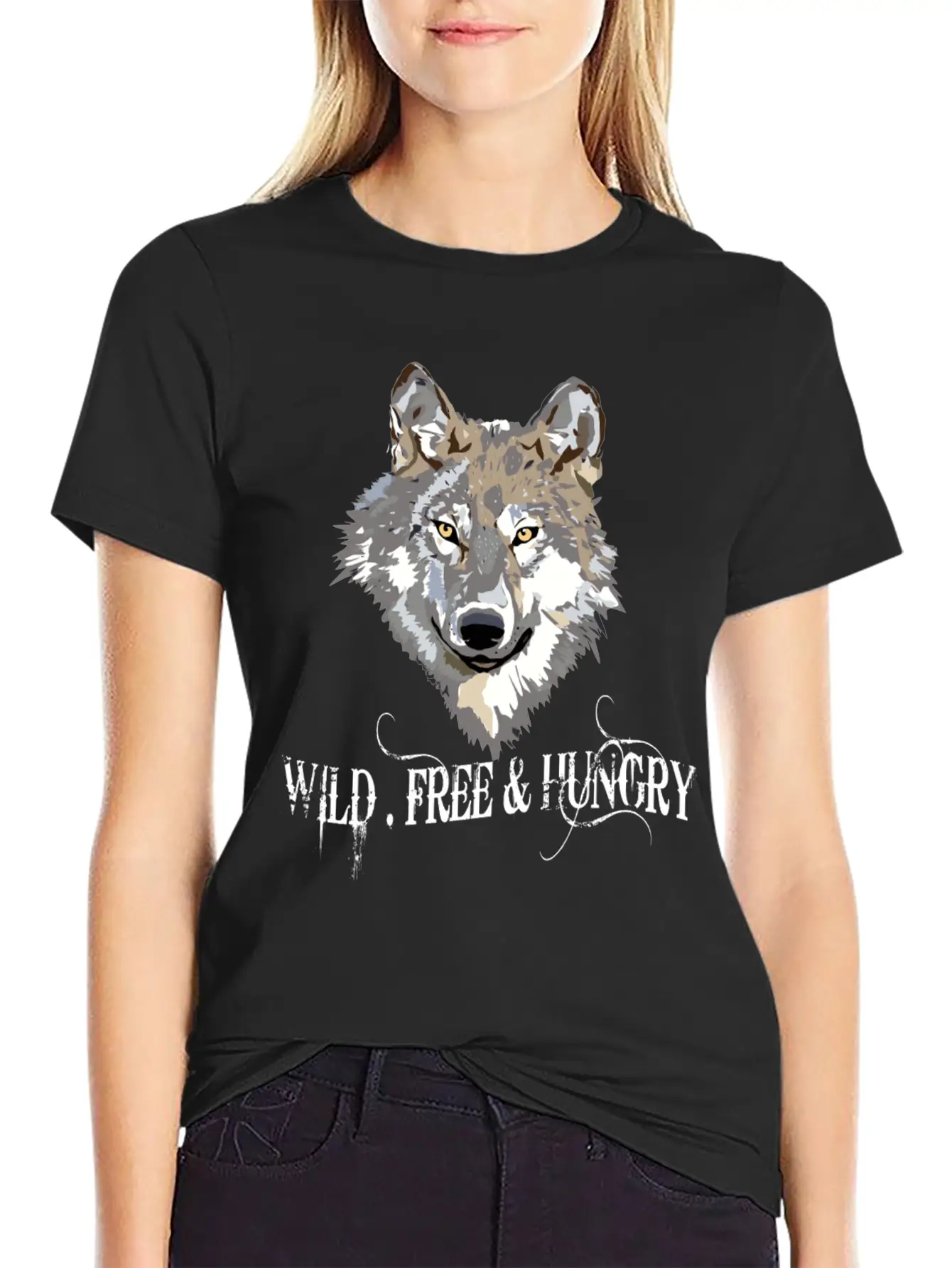 Wild And Free & Hungry - Wolf Black Stylish Everyday T-Shirt – Unisex Basic Cotton Tee