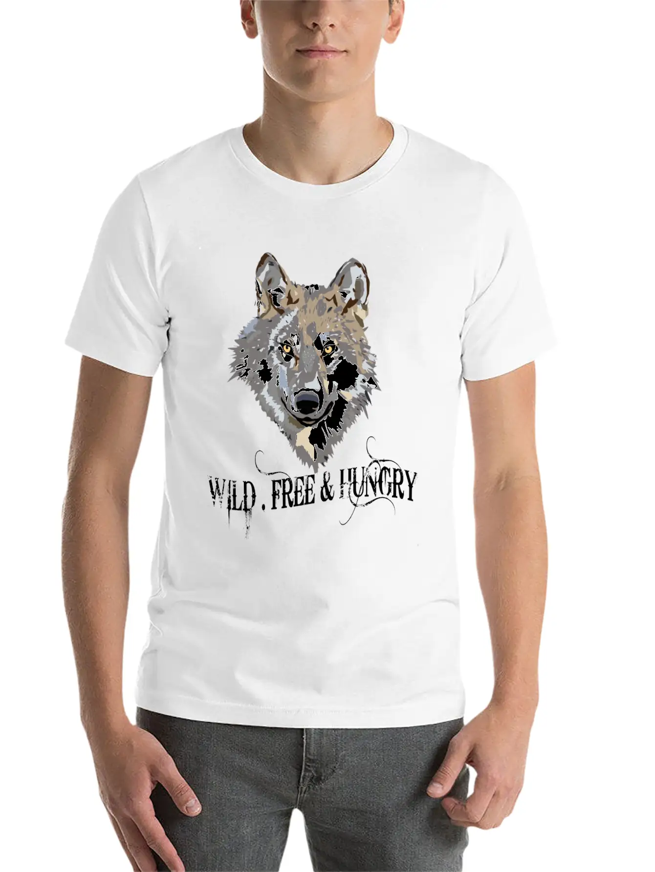 Wild And Free & Hungry - Wolf Black Stylish Everyday T-Shirt – Unisex Basic Cotton Tee