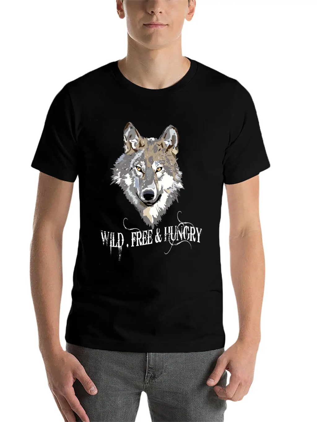 Wild And Free & Hungry - Wolf Black Stylish Everyday T-Shirt – Unisex Basic Cotton Tee