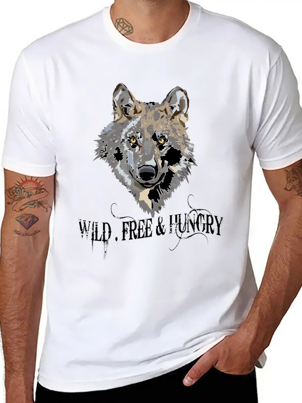 Wild And Free & Hungry - Wolf Black Stylish Everyday T-Shirt – Unisex Basic Cotton Tee
