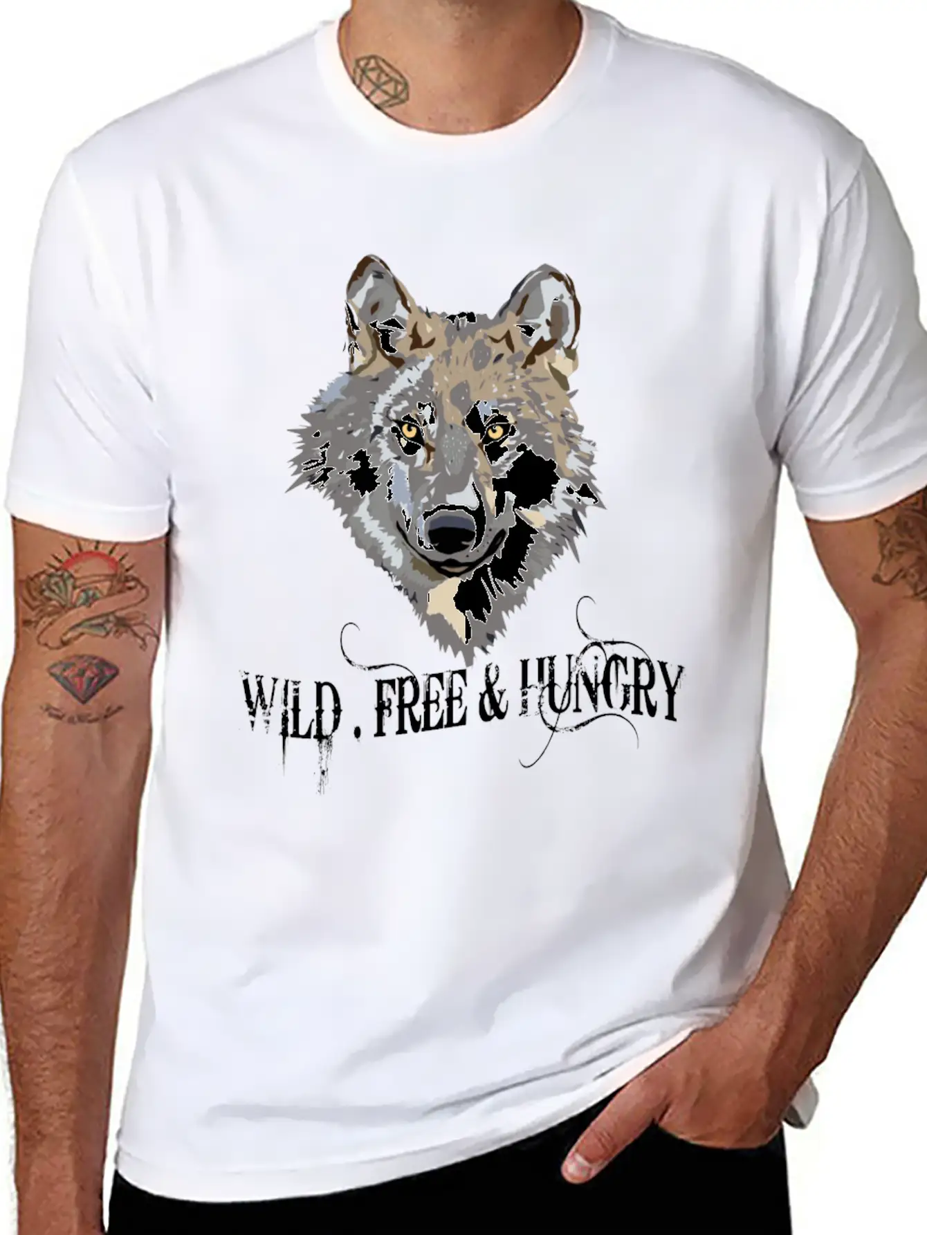 Wild And Free & Hungry - Wolf Black Stylish Everyday T-Shirt – Unisex Basic Cotton Tee