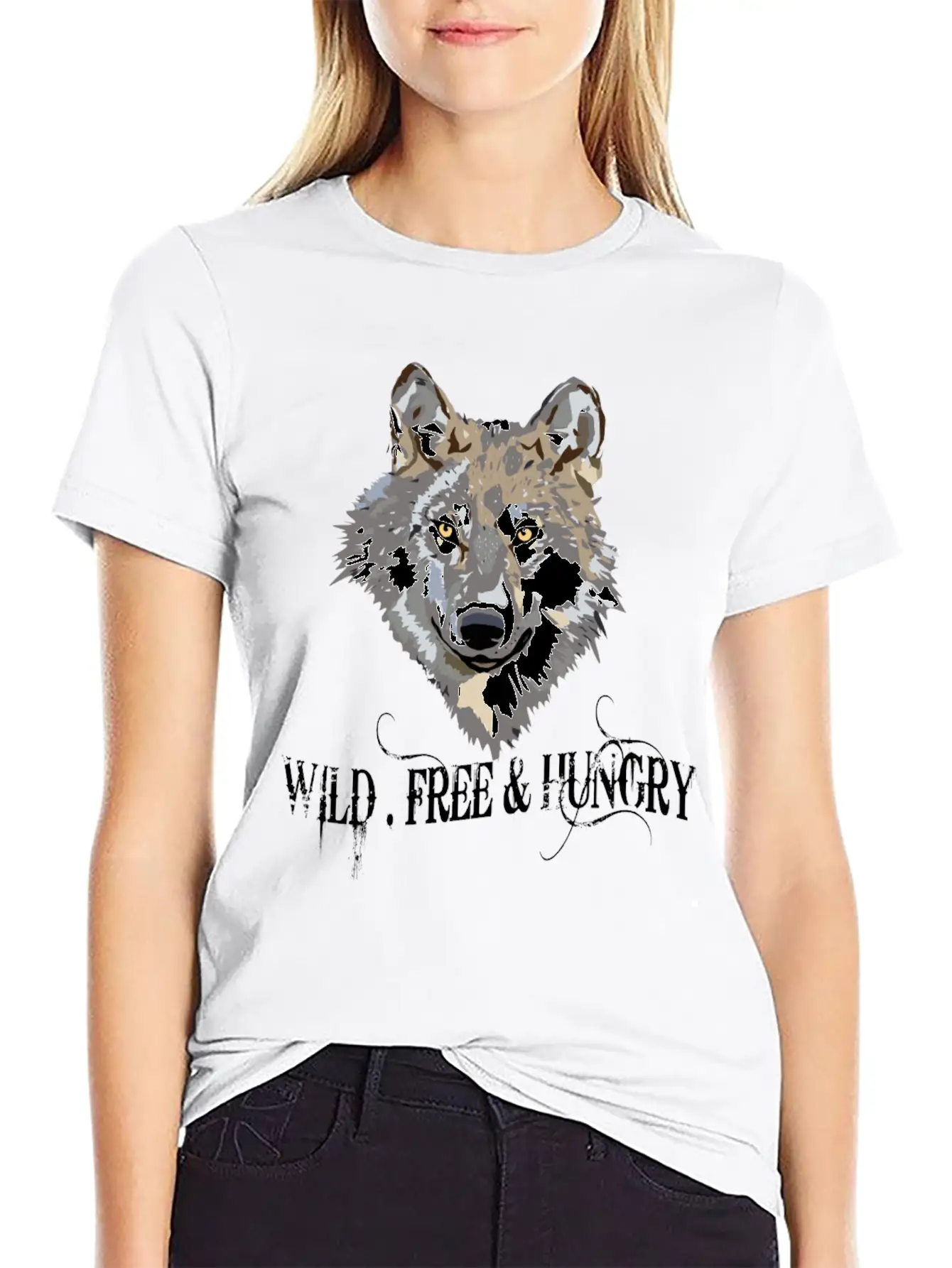 Wild And Free & Hungry - Wolf Black Stylish Everyday T-Shirt – Unisex Basic Cotton Tee