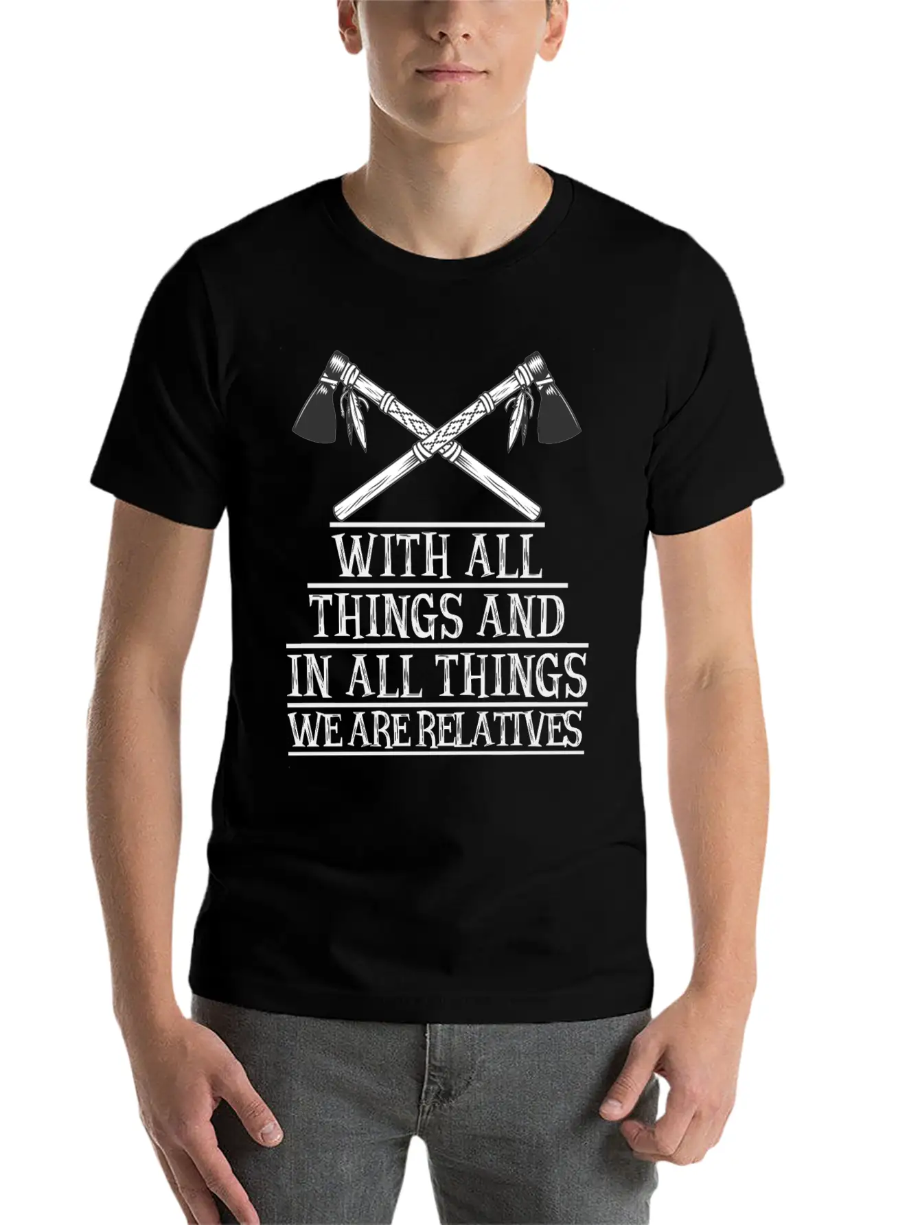 With All Things And In All Things We Are Relatives Timeless Short Sleeve Tee – Comfy And Minimalist Design