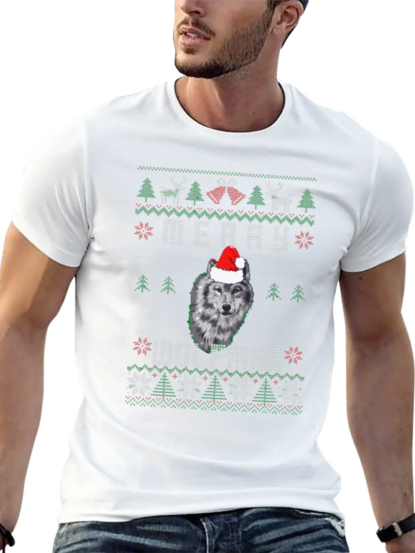 Wolf Merry Wolfmas Christmas Wolf Breathable Graphic T-Shirt – Perfect For Casual Days