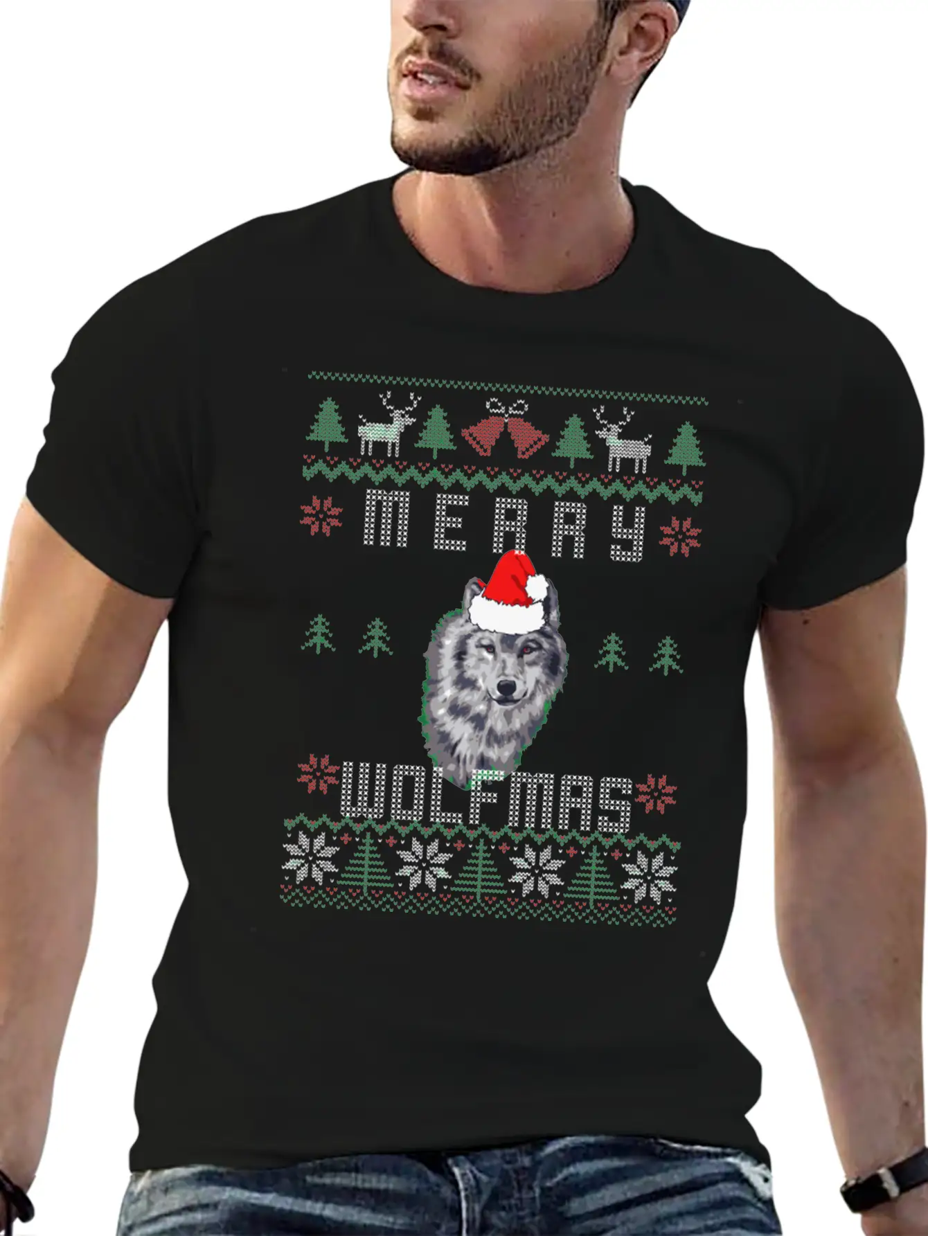 Wolf Merry Wolfmas Christmas Wolf Breathable Graphic T-Shirt – Perfect For Casual Days