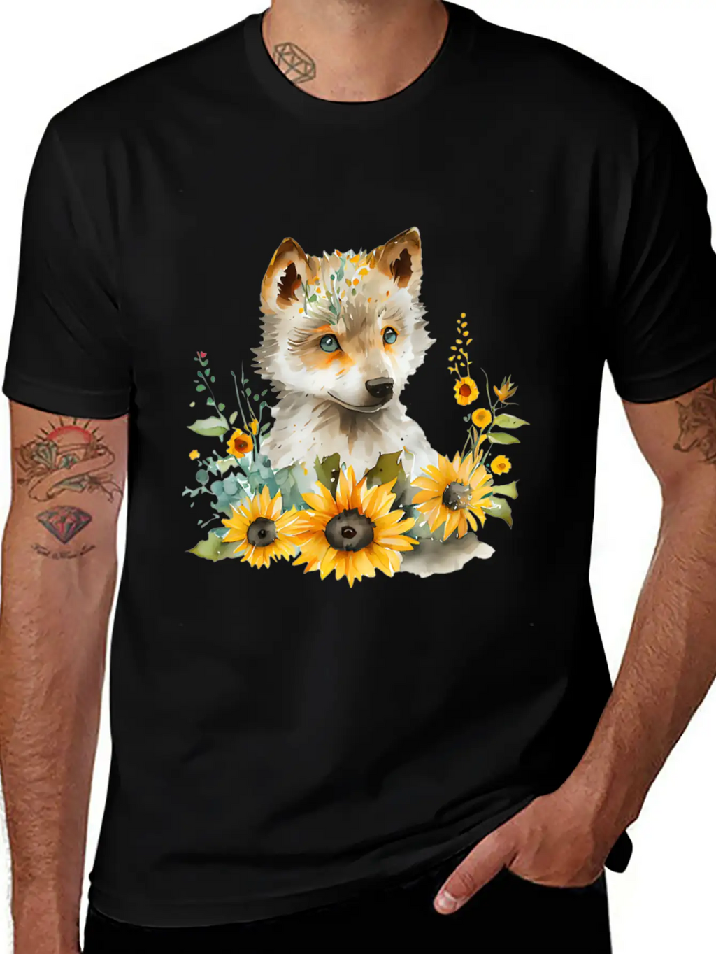 Wolf Sunflower Style Wolf Flower Floral Blossom Wo Basic Graphic T-Shirt – Daily Comfort In Soft Cotton
