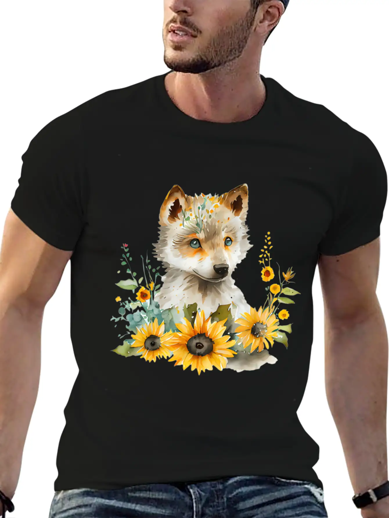 Wolf Sunflower Style Wolf Flower Floral Blossom Wo Basic Graphic T-Shirt – Daily Comfort In Soft Cotton