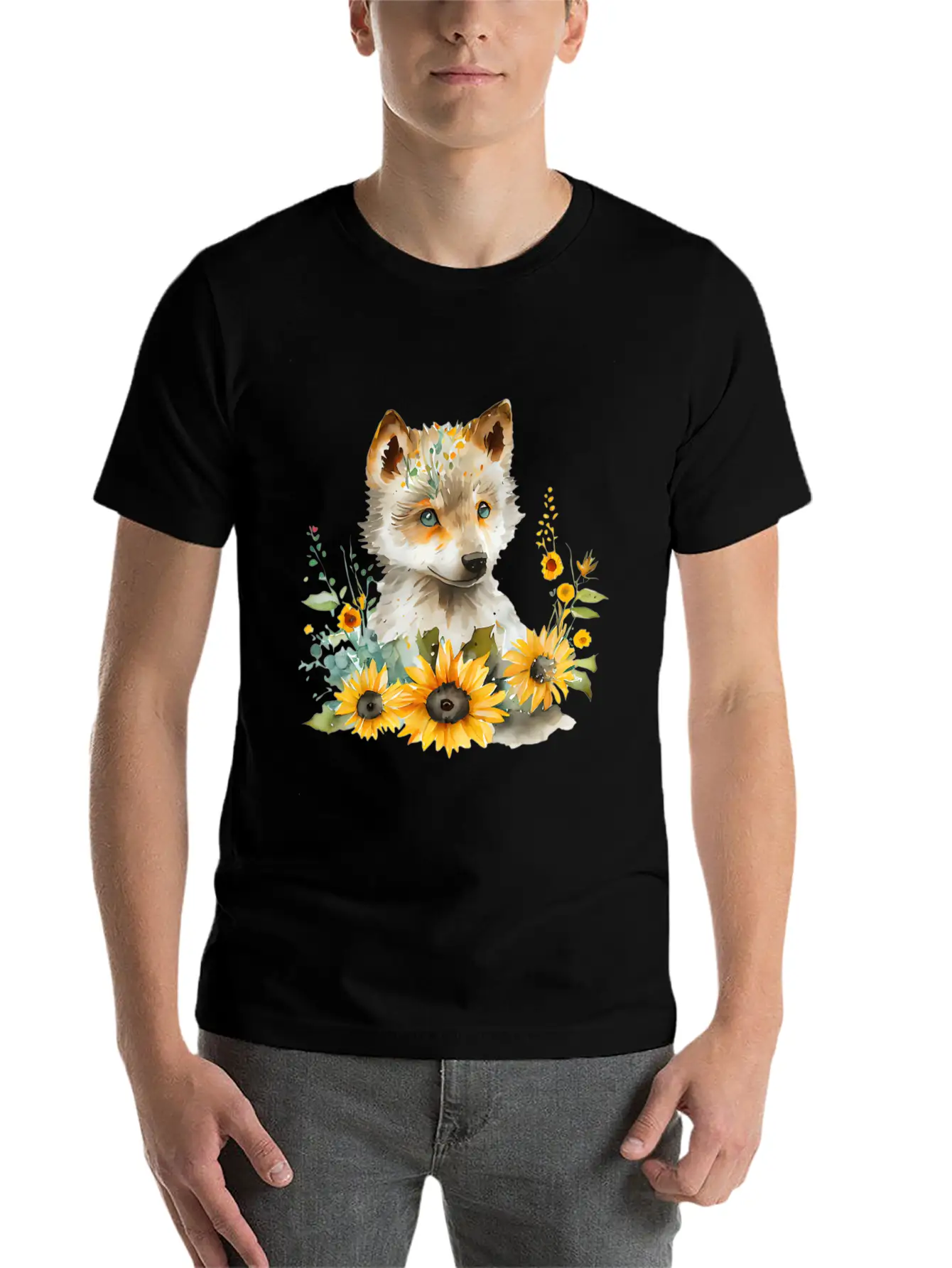 Wolf Sunflower Style Wolf Flower Floral Blossom Wo Basic Graphic T-Shirt – Daily Comfort In Soft Cotton