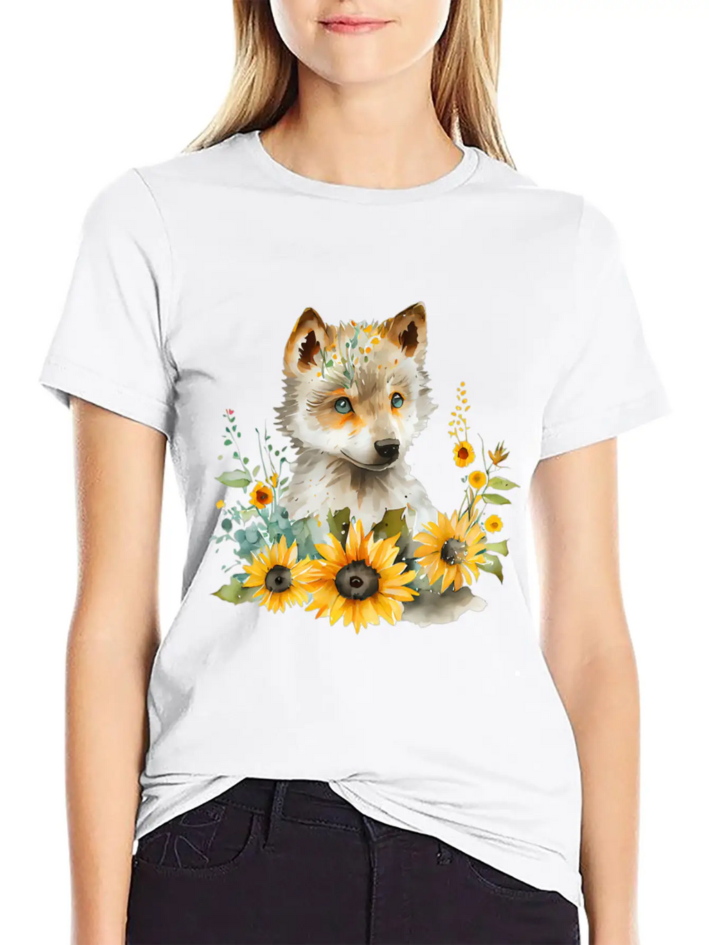 Wolf Sunflower Style Wolf Flower Floral Blossom Wo Basic Graphic T-Shirt – Daily Comfort In Soft Cotton