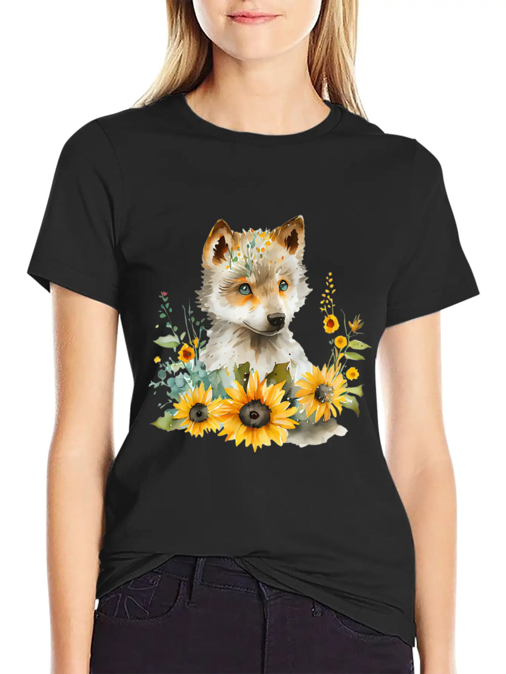 Wolf Sunflower Style Wolf Flower Floral Blossom Wo Basic Graphic T-Shirt – Daily Comfort In Soft Cotton