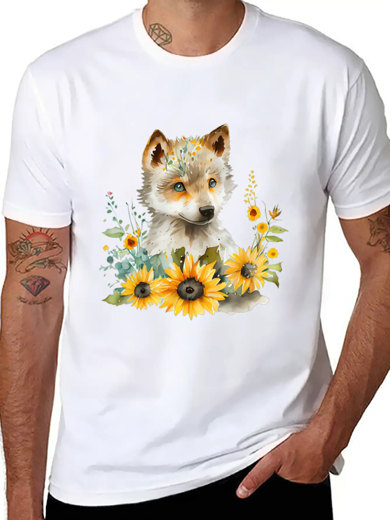 Wolf Sunflower Style Wolf Flower Floral Blossom Wo Basic Graphic T-Shirt – Daily Comfort In Soft Cotton