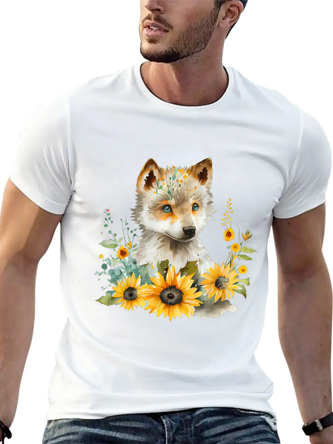 Wolf Sunflower Style Wolf Flower Floral Blossom Wo Basic Graphic T-Shirt – Daily Comfort In Soft Cotton