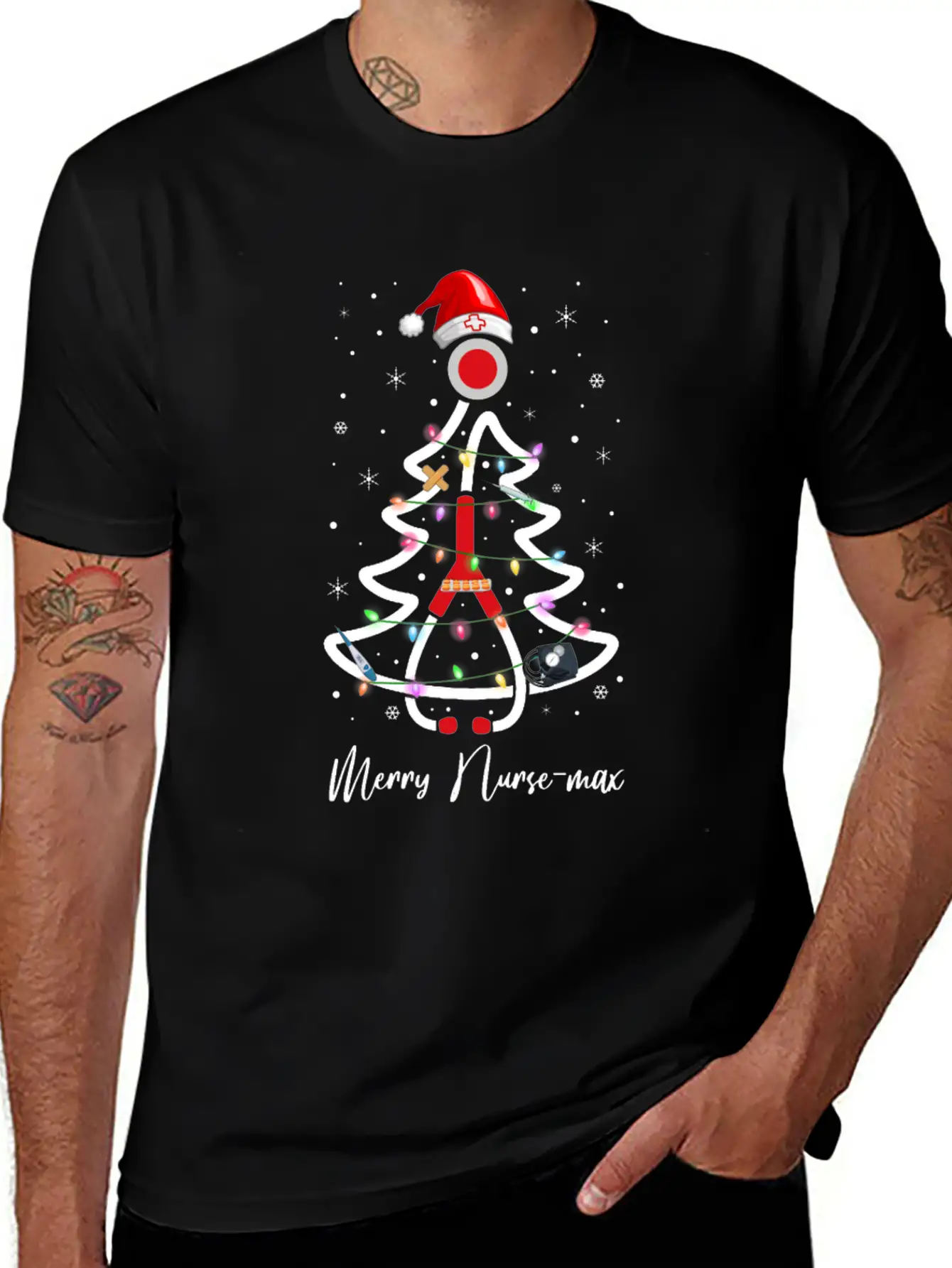 Womens Nurse Christmas Tree Lights Nurse Gift Essential Cotton Tee For Daily Outfits – Unisex Style