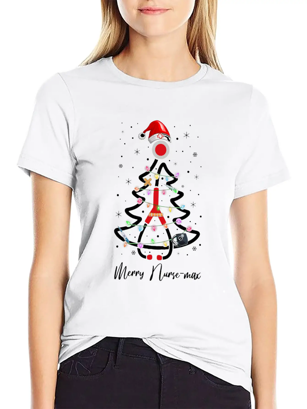 Womens Nurse Christmas Tree Lights Nurse Gift Essential Cotton Tee For Daily Outfits – Unisex Style