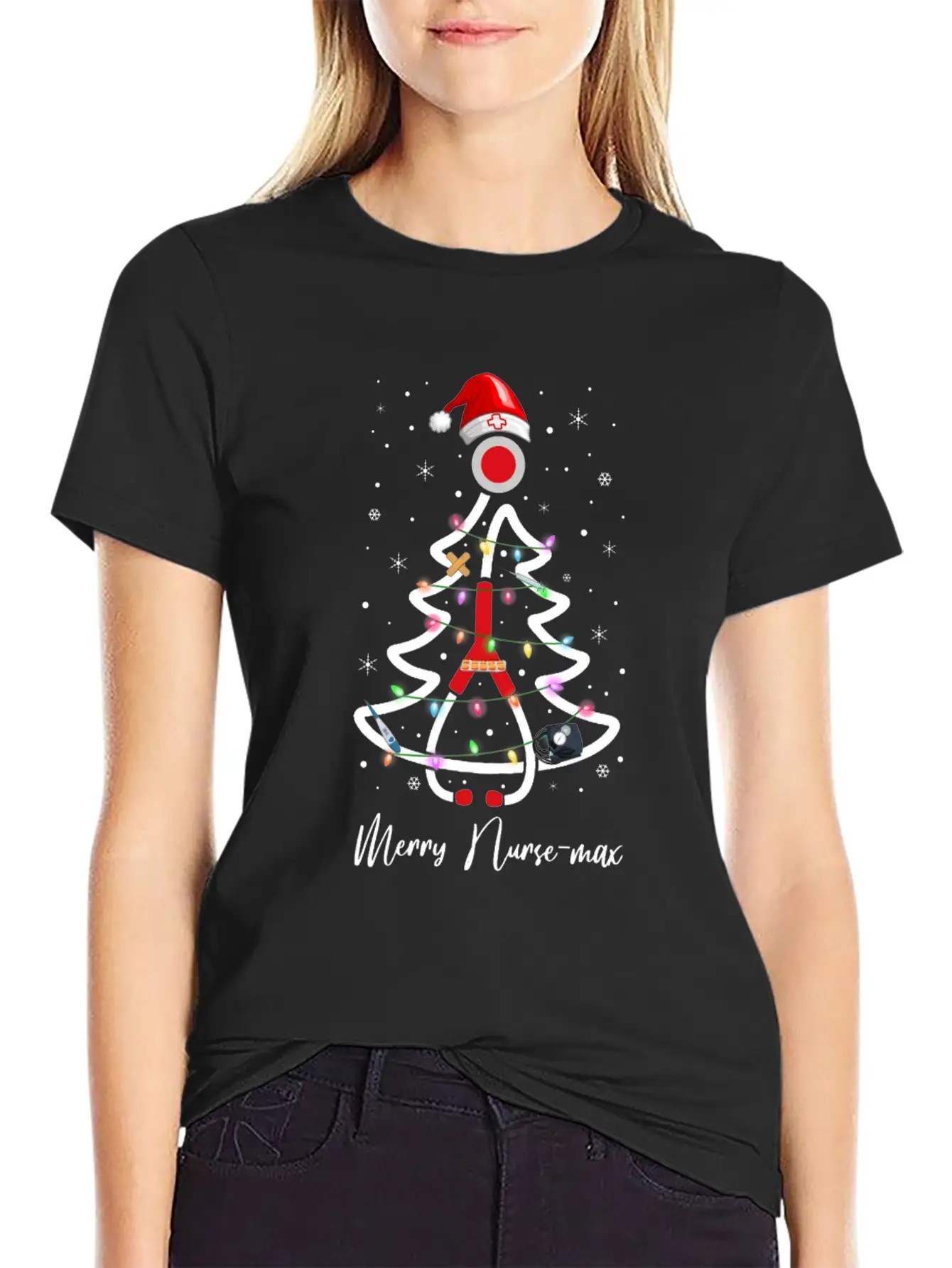 Womens Nurse Christmas Tree Lights Nurse Gift Essential Cotton Tee For Daily Outfits – Unisex Style