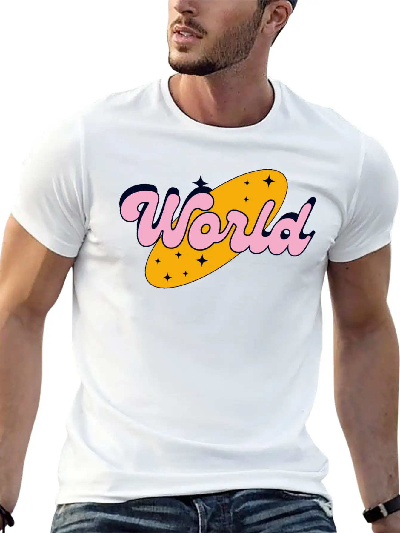 World Yellow And Pink Retro Streetwear Logo Classic Cotton Tee – Unisex Comfort For Any Season