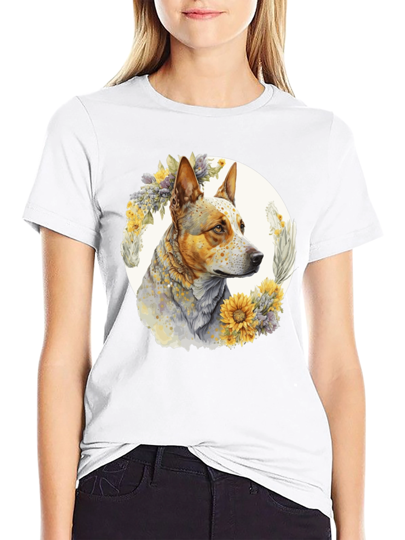 Dog with Floral Wreath Graphic Tee