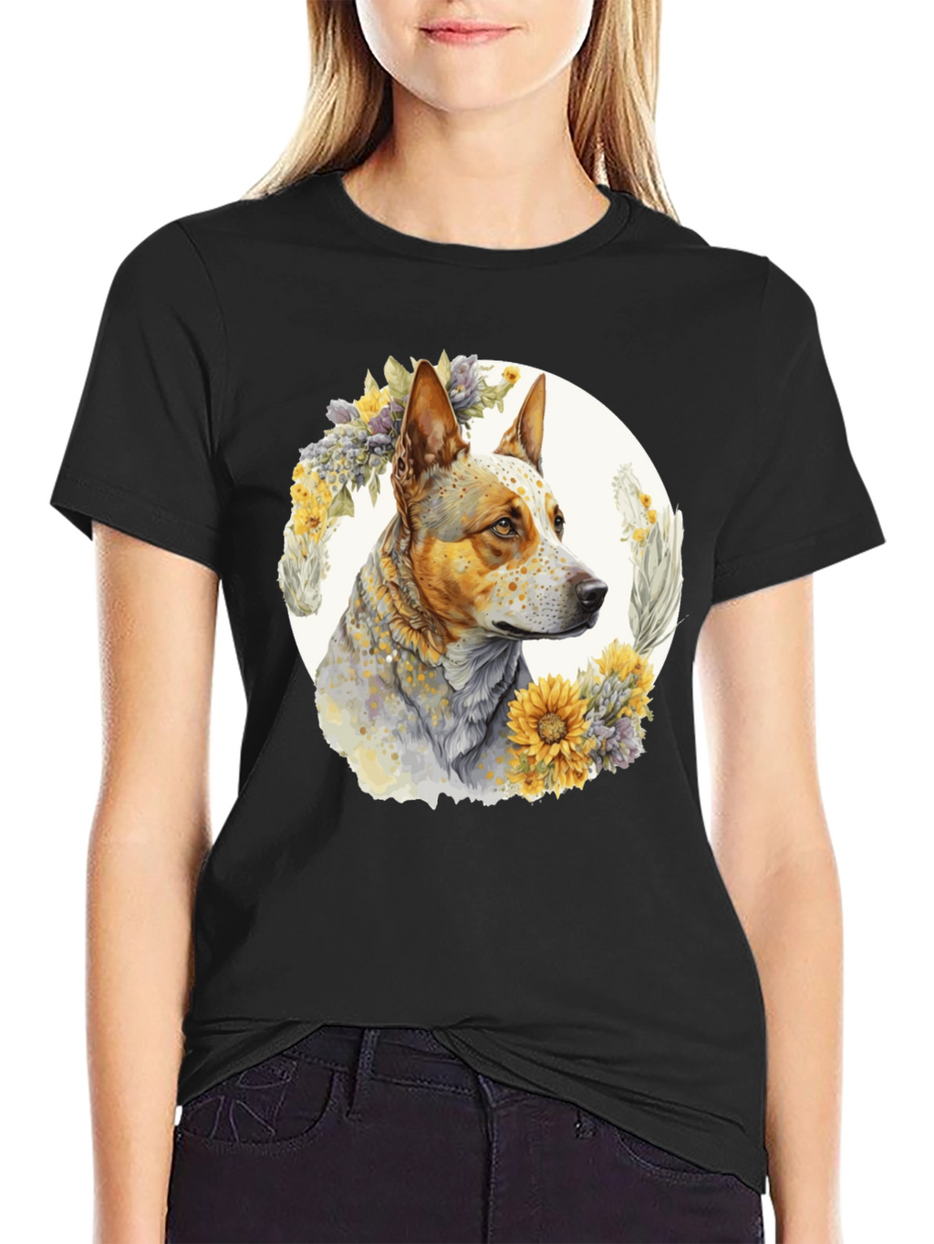 Dog with Floral Wreath Graphic Tee