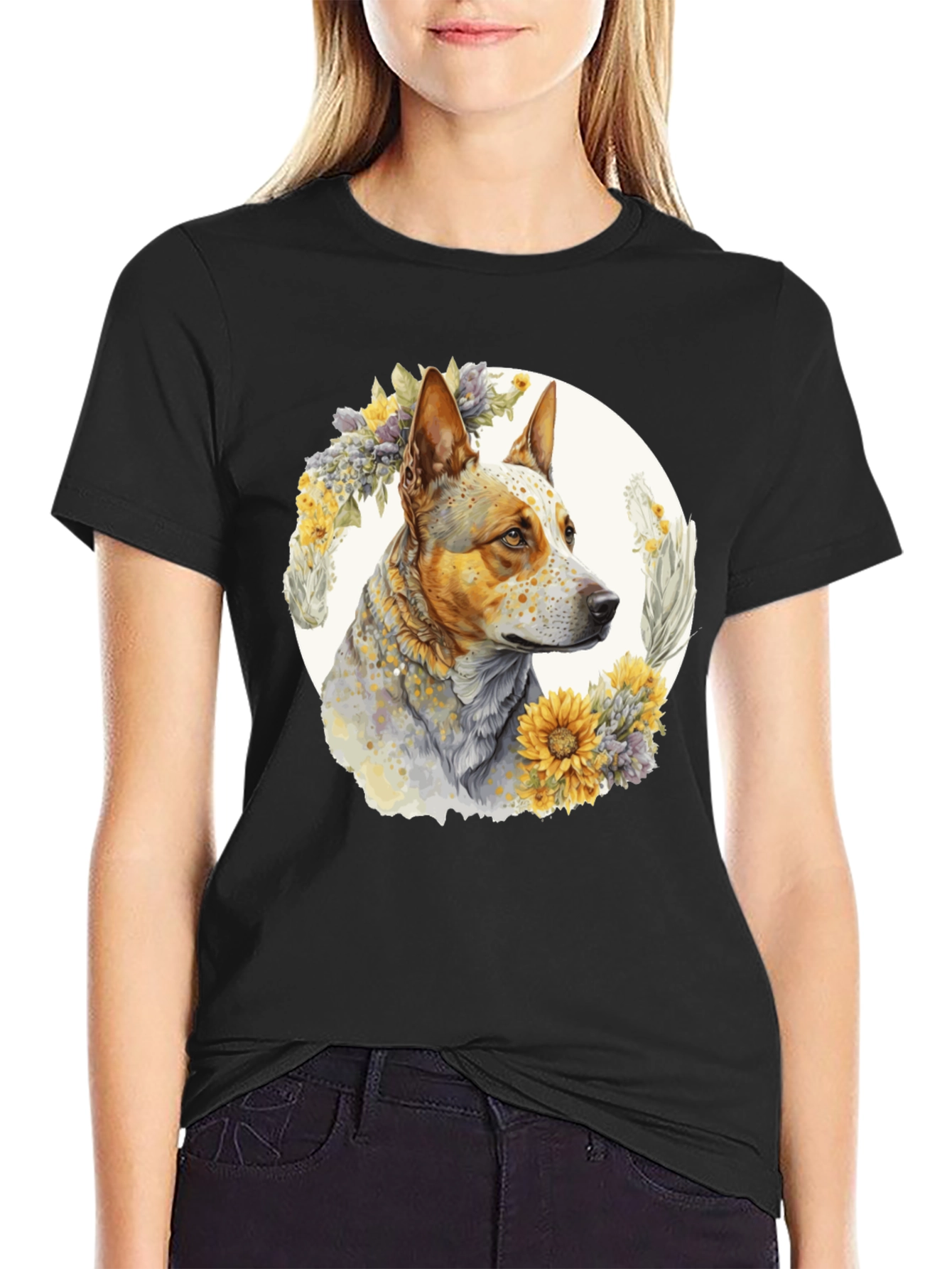 Dog with Floral Wreath Graphic Tee