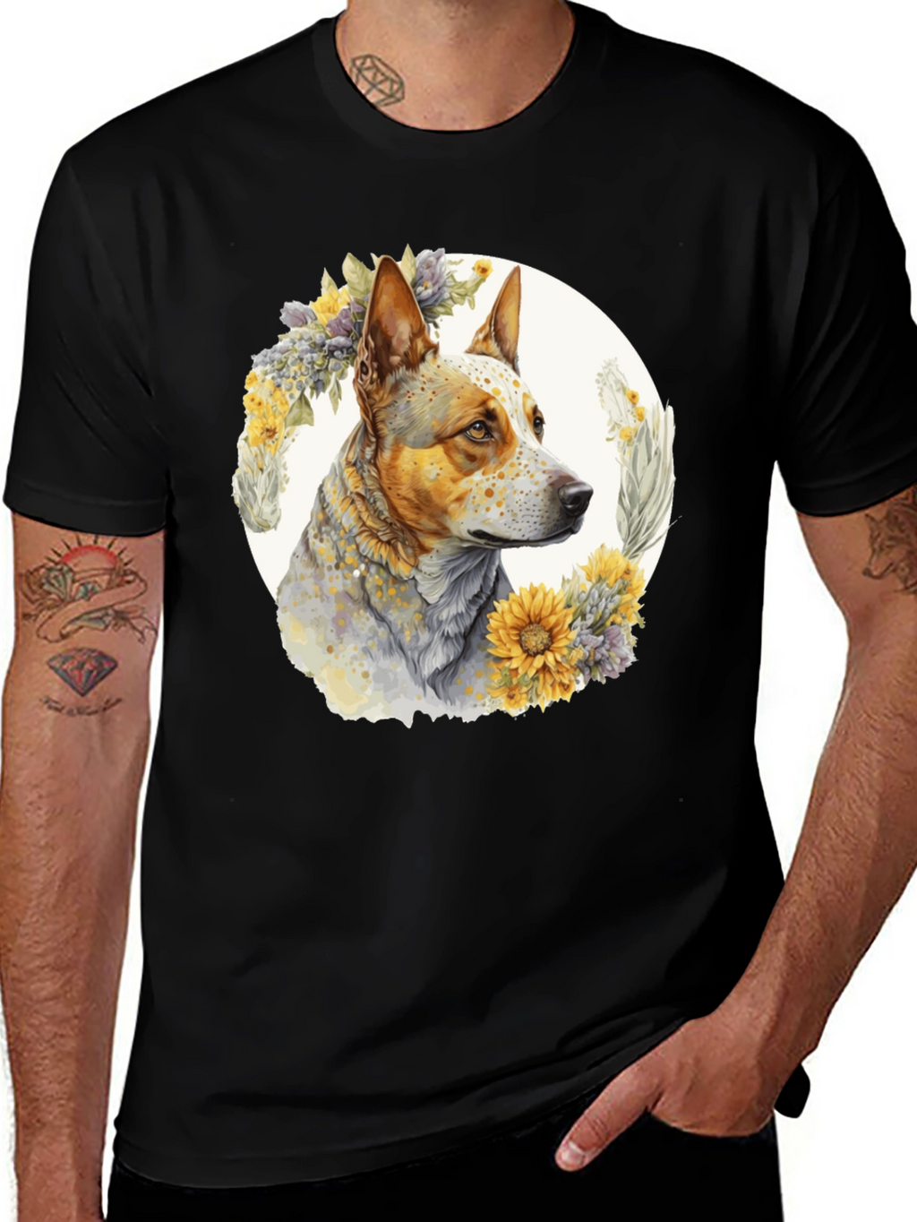 Dog with Floral Wreath Graphic Tee