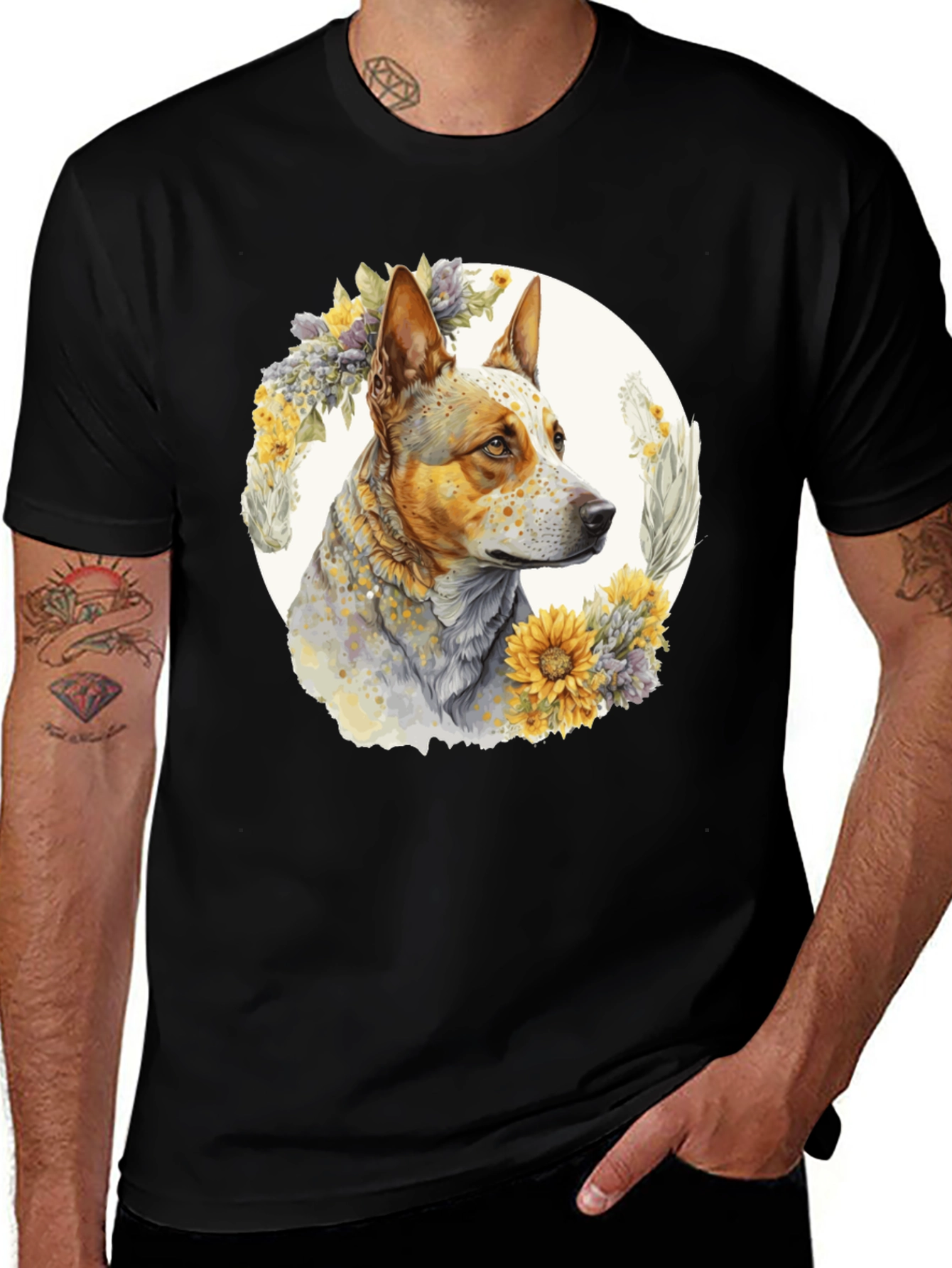 Dog with Floral Wreath Graphic Tee