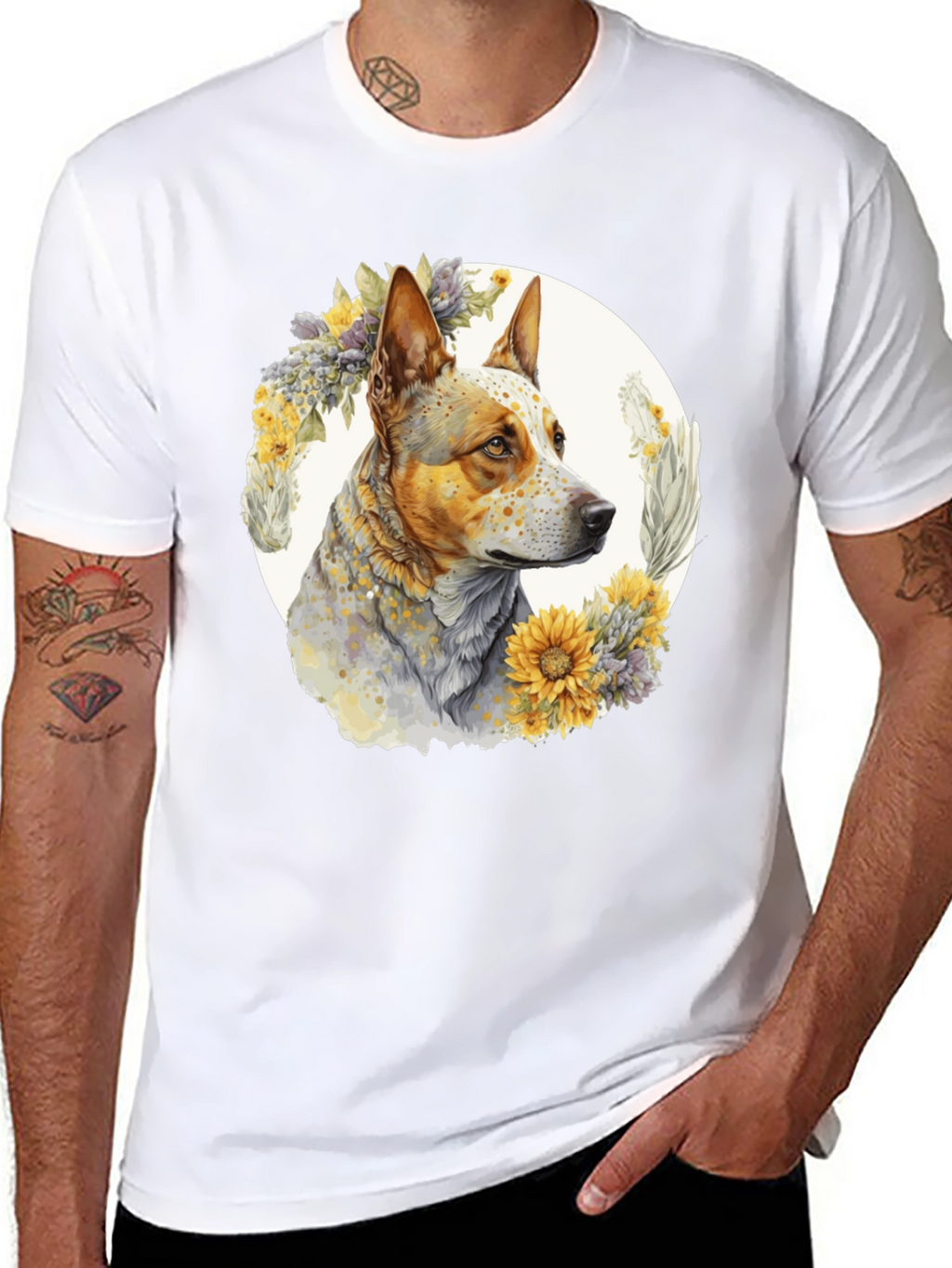 Dog with Floral Wreath Graphic Tee
