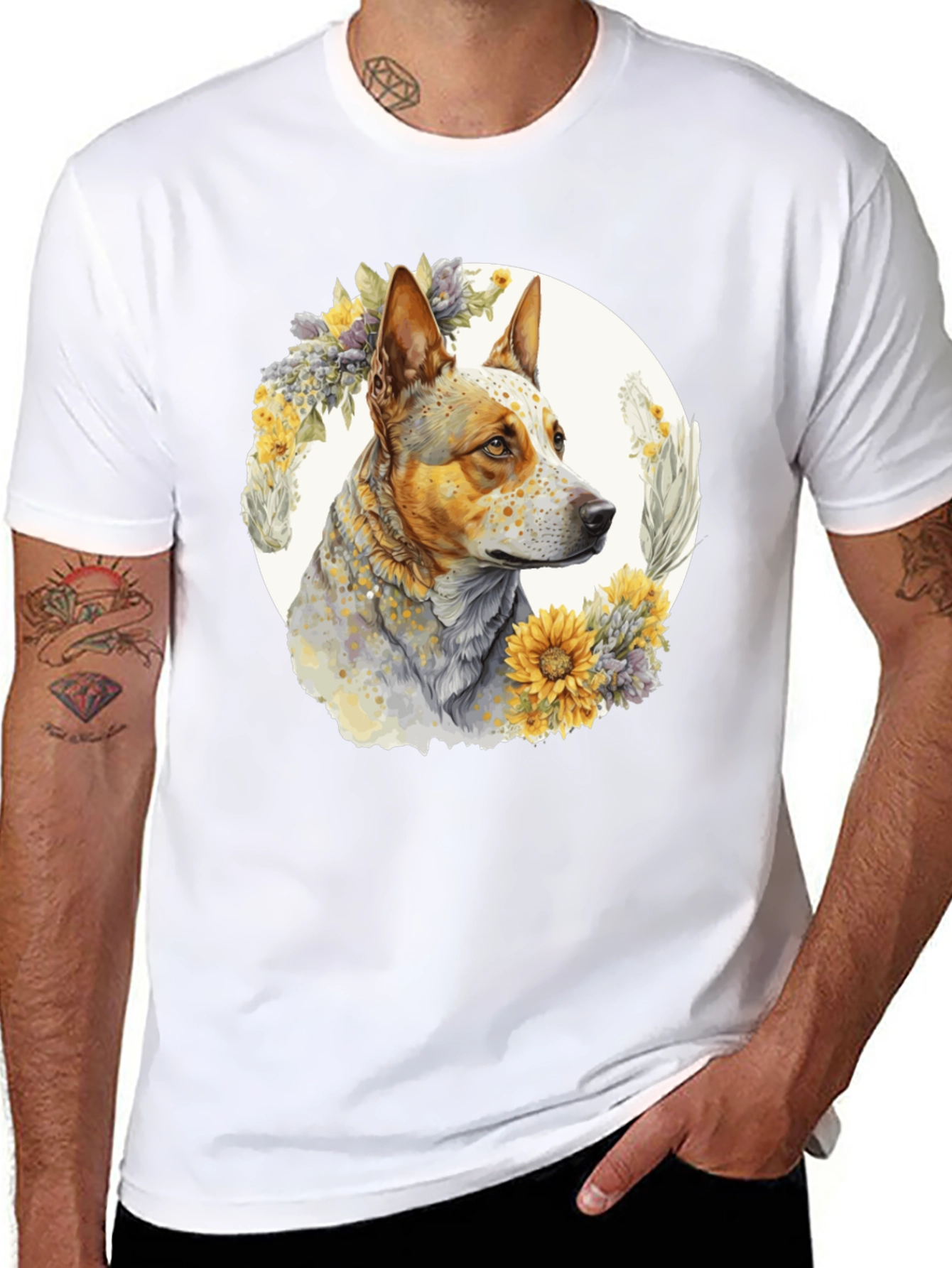 Dog with Floral Wreath Graphic Tee